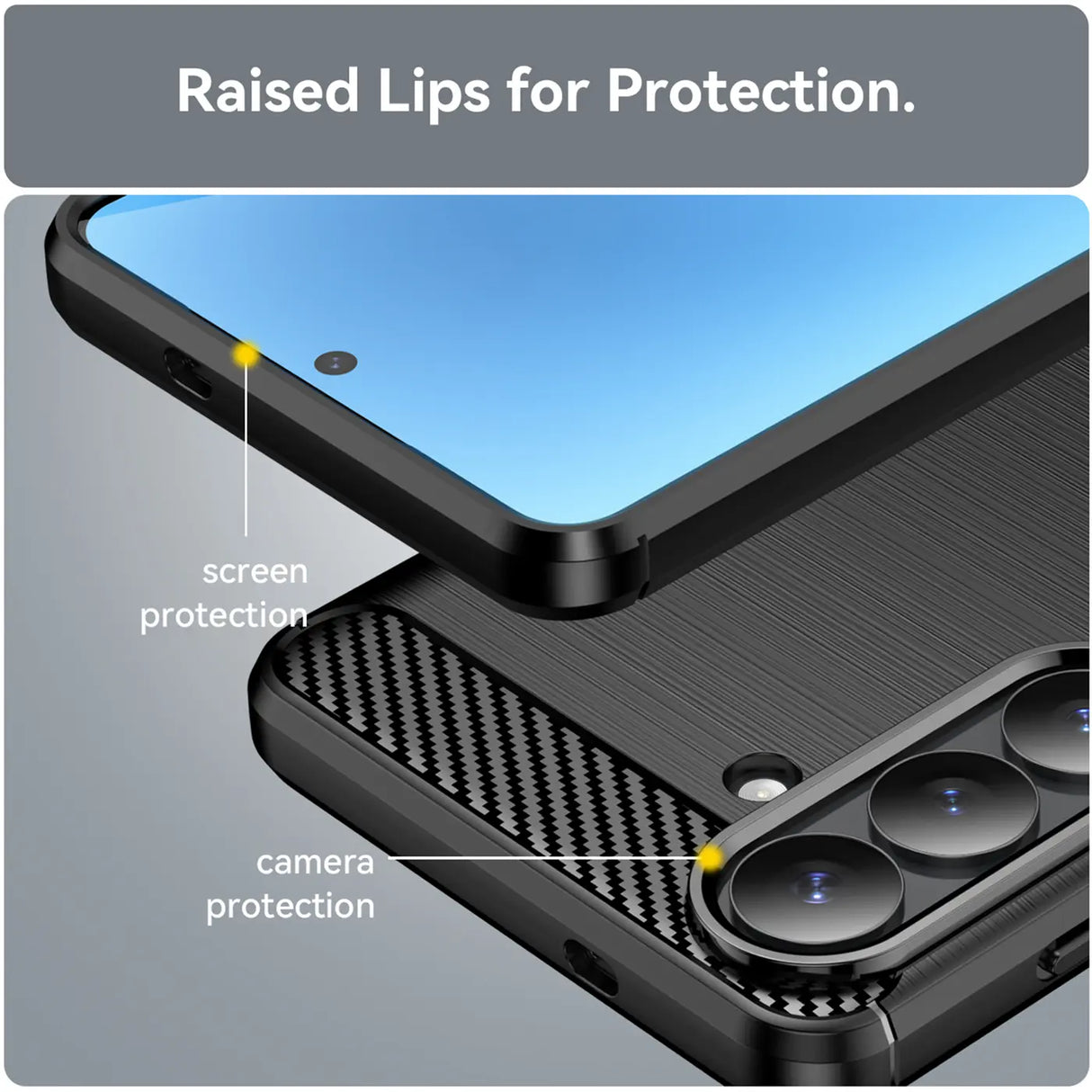 Schwarze Carbon-Hülle mit erhöhten Kanten für Samsung S26 Plus, Nahaufnahme.
