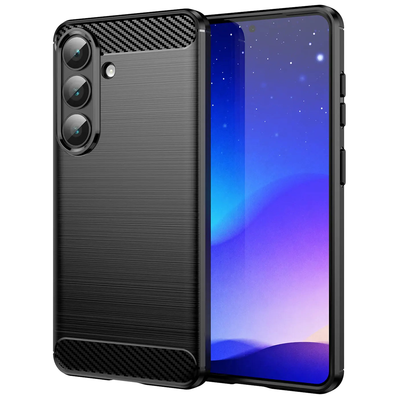 Schwarze Carbon-Hülle mit gebürsteter Oberfläche, von schräg vorne, zeigt Samsung Galaxy S26.