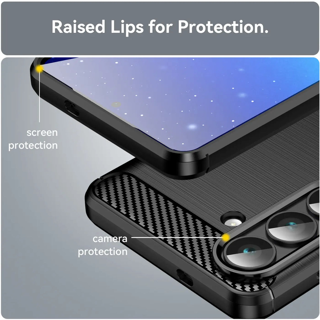 Schwarze Carbon-Hülle mit erhöhten Rändern für Samsung S26, Nahaufnahme, Seitenansicht