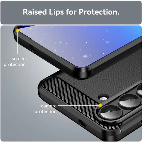 Schwarze Carbon-Hülle mit erhöhten Rändern für Samsung S26, Nahaufnahme, Seitenansicht