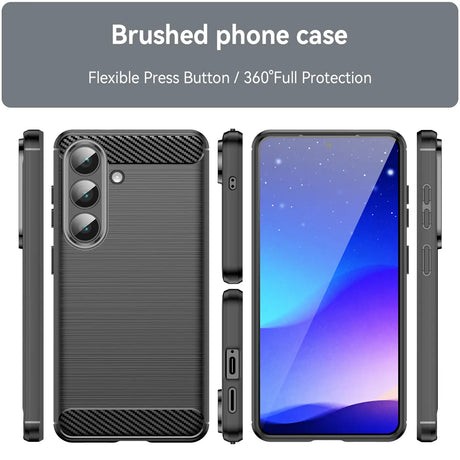 Graue Carbon-Hülle, verschiedene Ansichten, mit Samsung Galaxy S26
