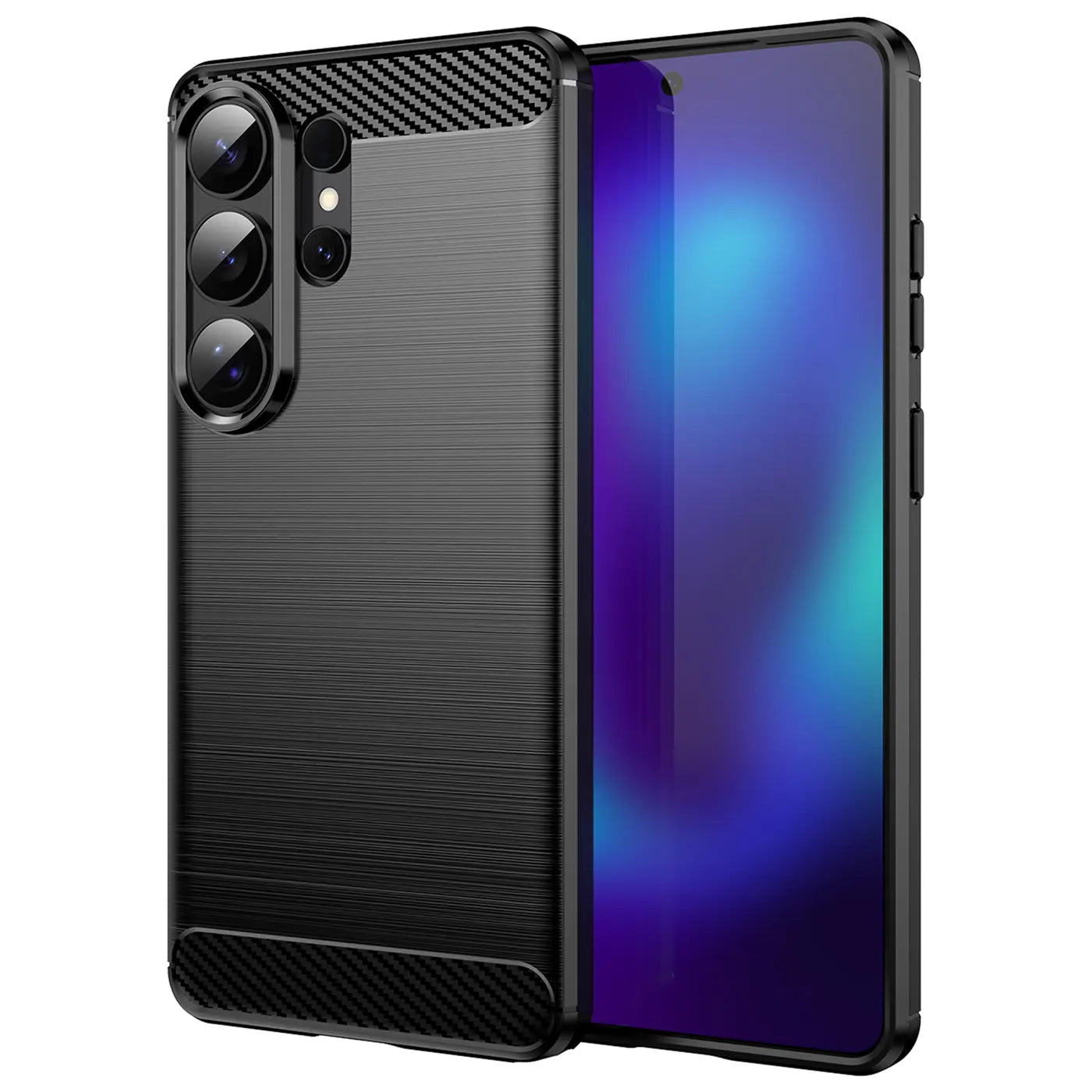 Schwarze Carbon-Hülle mit gebürsteter Textur, zeigt Samsung S26 Ultra, Seitenansicht.