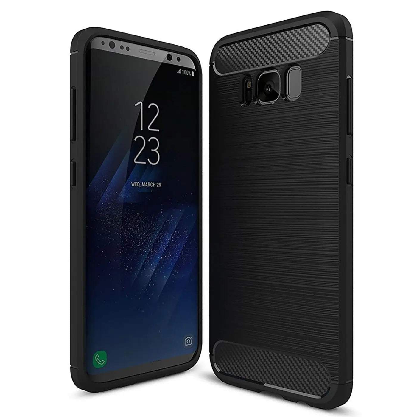 Schwarze Carbon-Hülle mit gebürsteter Textur, von vorne und hinten gezeigt, für Samsung Galaxy S8 Plus.
