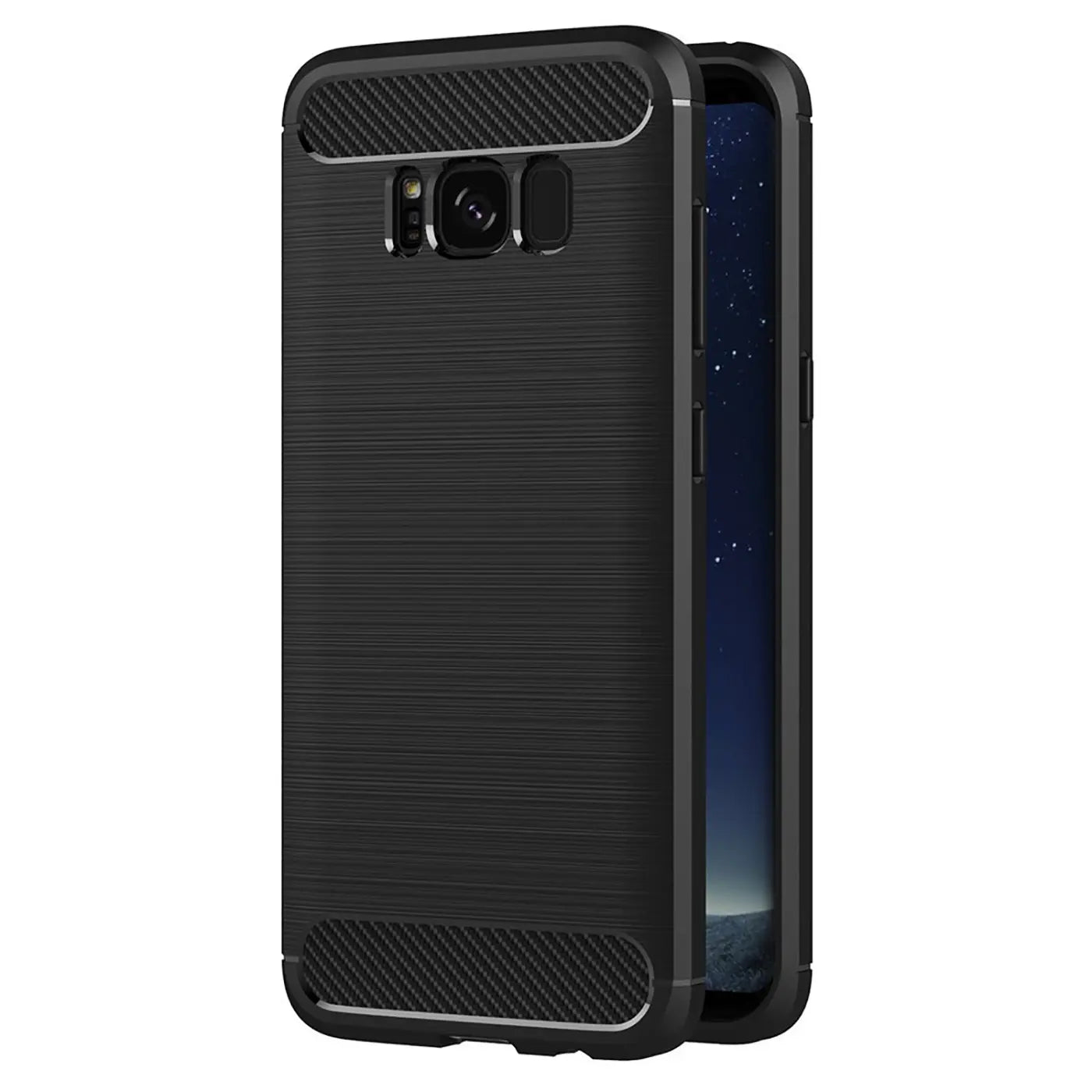 Schwarze Carbon-Hülle mit gebürsteter Oberfläche, seitliche Ansicht, zeigt Samsung Galaxy S8 Plus.