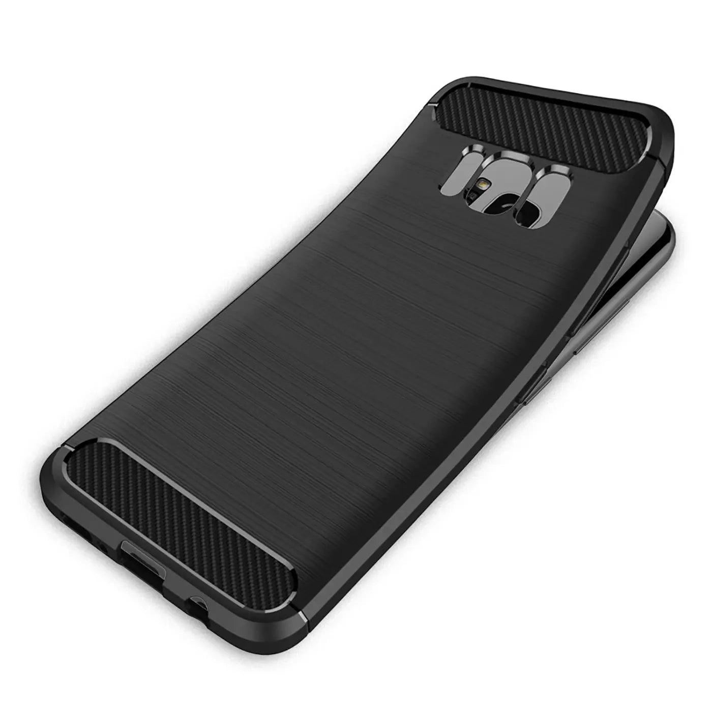 Schwarze Carbon-Hülle für Samsung Galaxy S8 Plus, von schräg oben fotografiert.