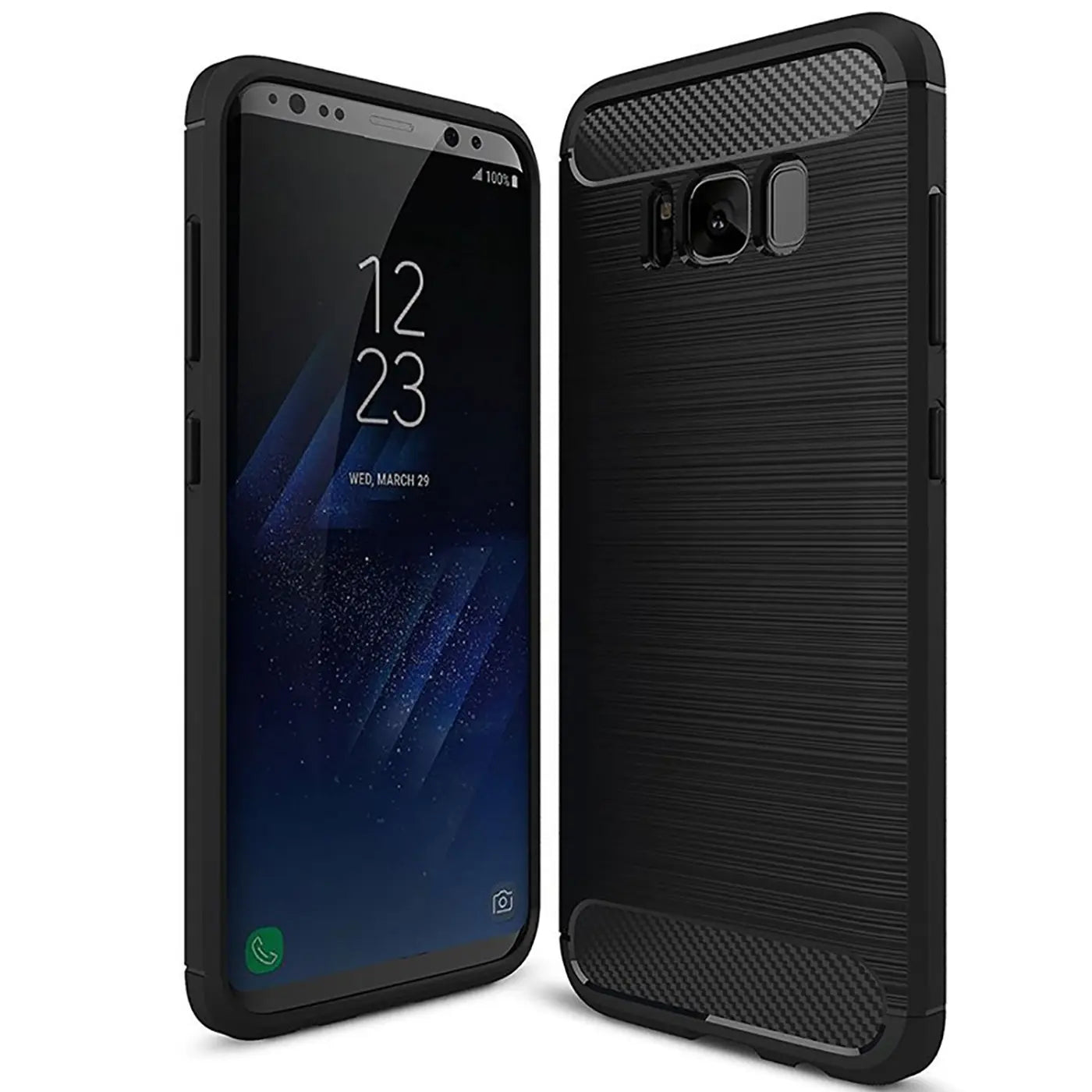 Schwarze Carbon-Hülle, von vorne und hinten gezeigt, für Samsung Galaxy S8.