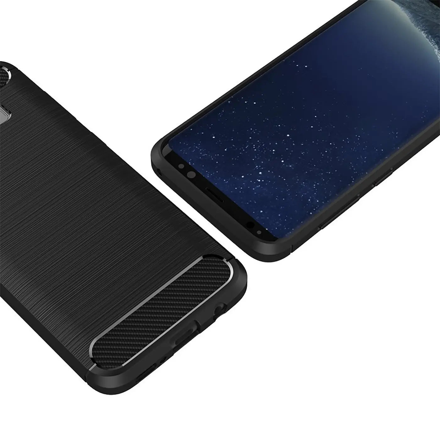 Schwarze Carbon-Hülle für Samsung Galaxy S8, von oben schräg fotografiert.