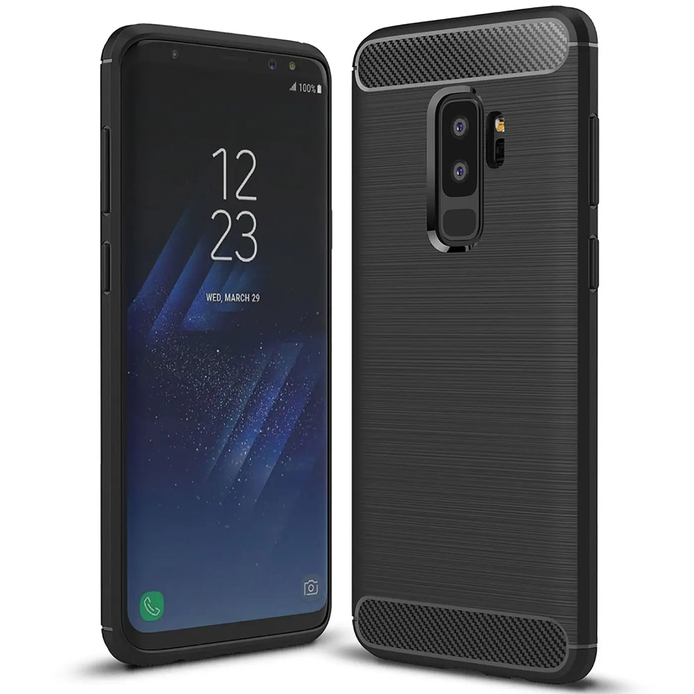 Schwarze Carbon-Hülle für Samsung Galaxy S9 Plus, von vorne und hinten gezeigt.