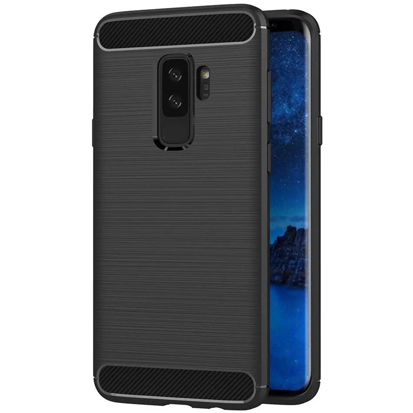 Schwarze Carbon-Hülle für Samsung Galaxy S9 Plus, von hinten, mit Blick auf die Kamera.