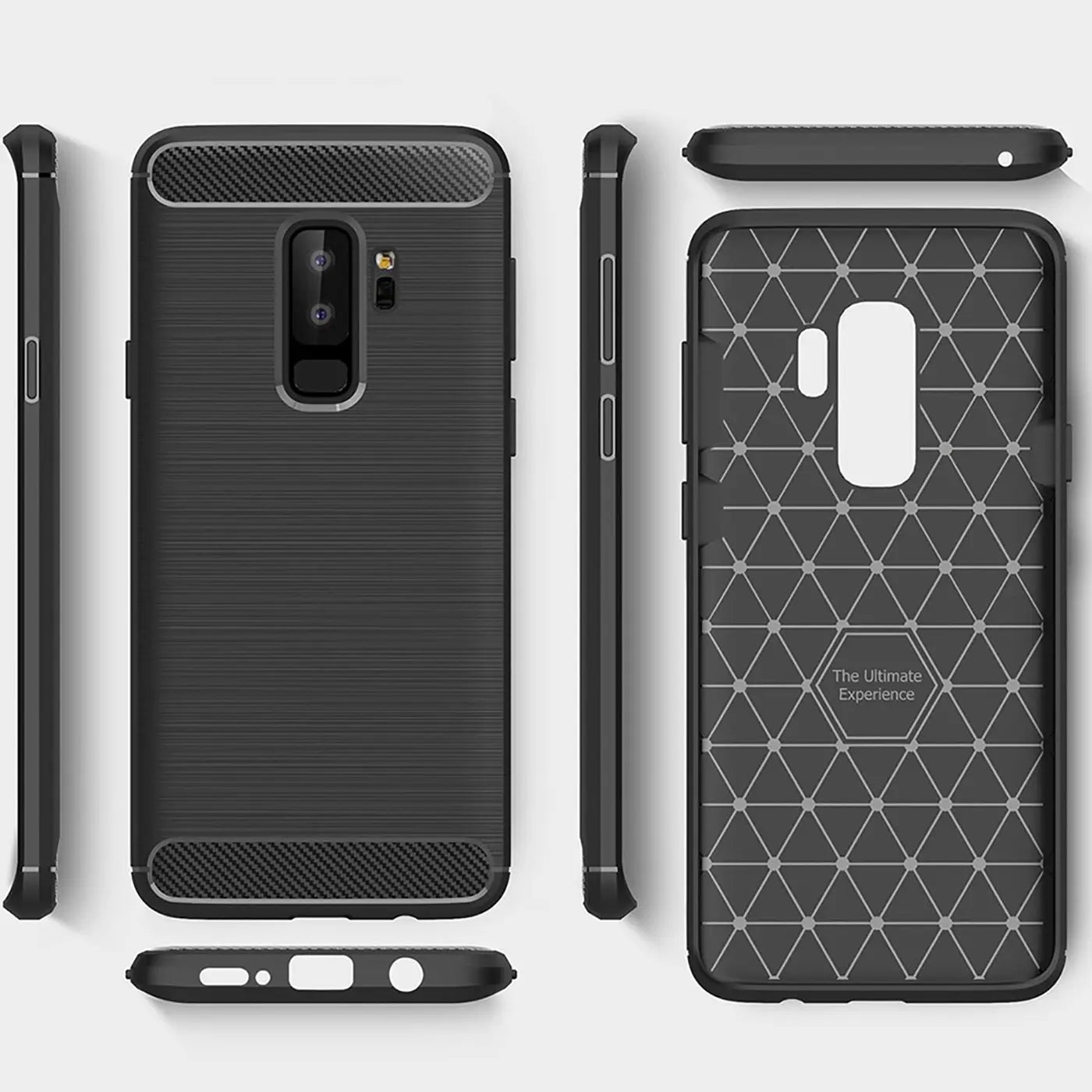 Schwarze Carbon-Hülle für Samsung Galaxy S9 Plus, Rückseite und Seitenansicht.