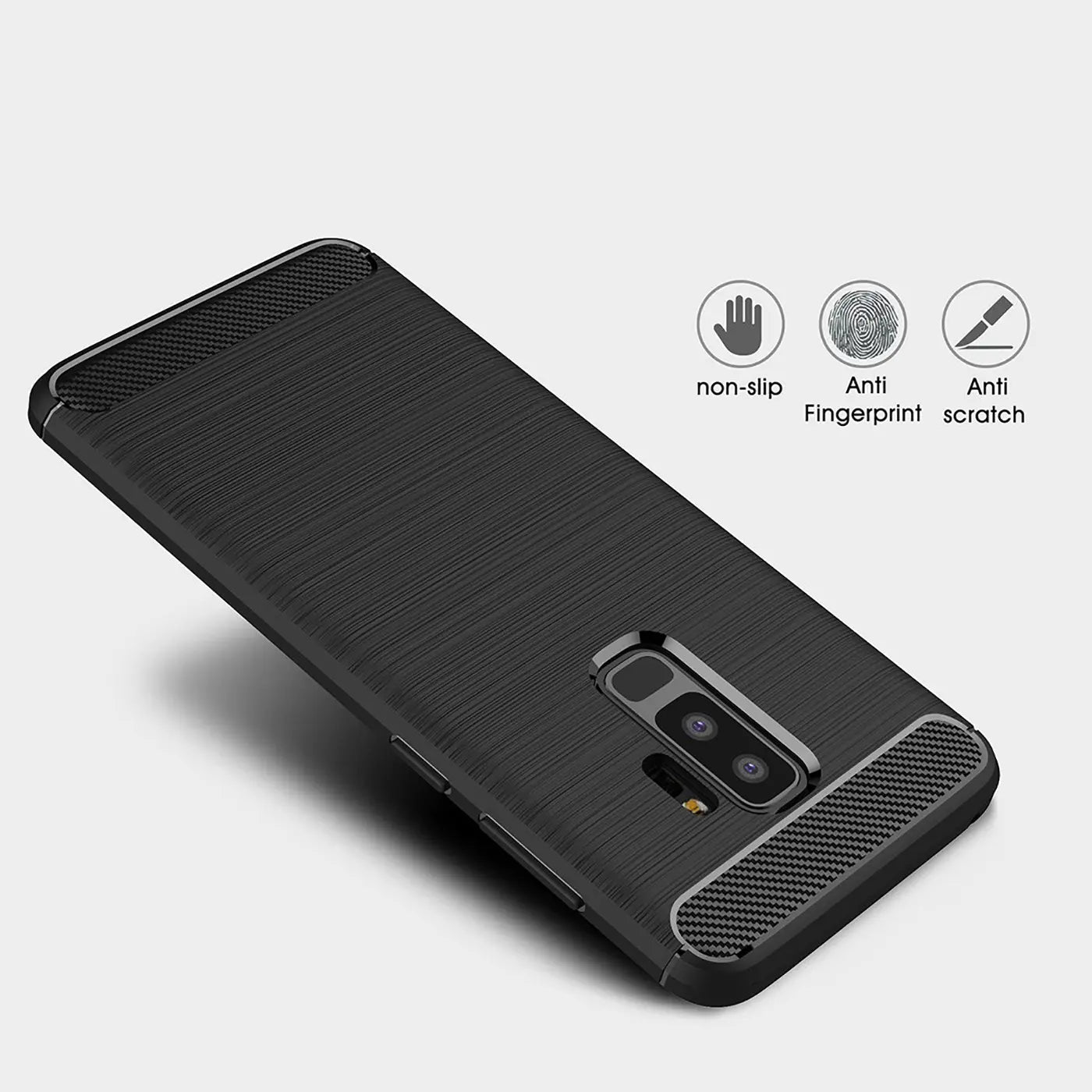 Schwarze Carbon-Hülle für Samsung Galaxy S9 Plus, von schräg oben fotografiert.