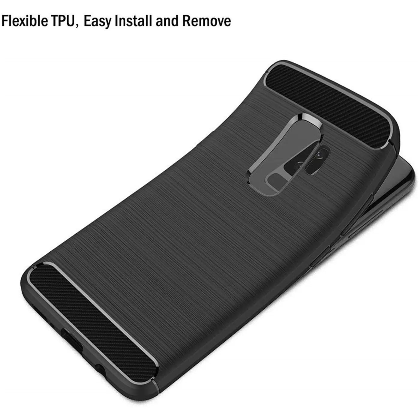 Schwarze Carbon-Hülle mit gebürsteter Textur, von schräg oben, für Samsung Galaxy S9 Plus.