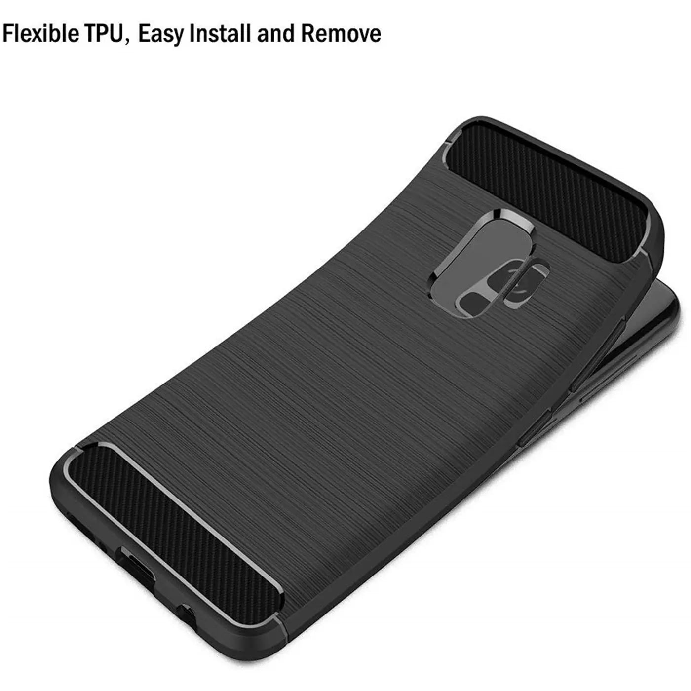 Schwarze Carbon-Hülle für Samsung Galaxy S9, von schräg oben fotografiert.