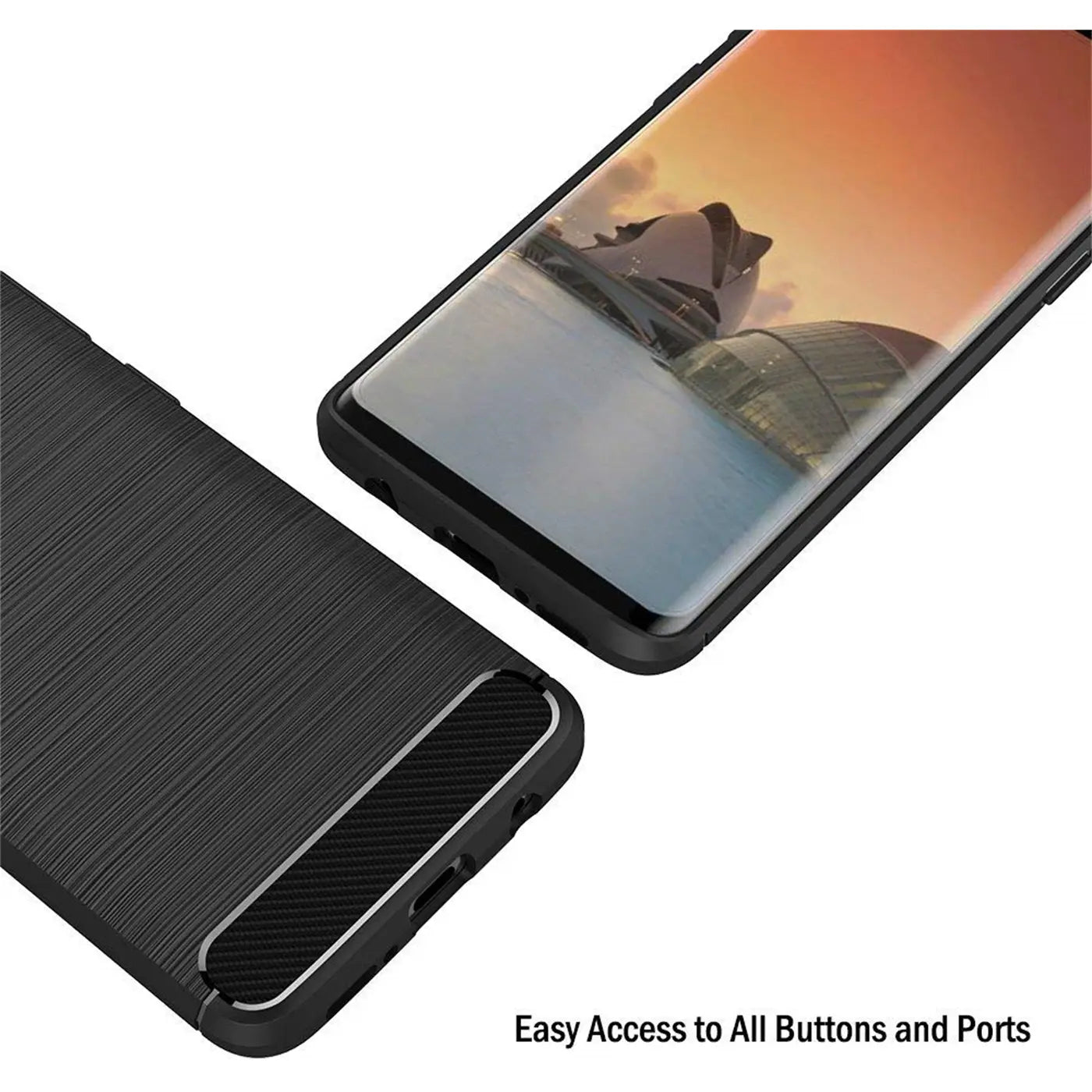 Schwarze Carbon-Hülle für Samsung Galaxy S9, von oben/seitlich, mit Display.