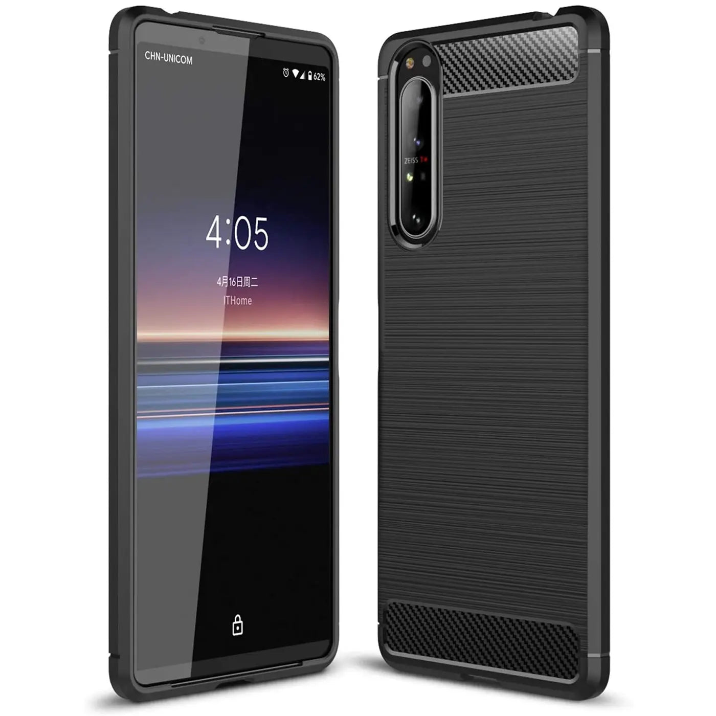Schwarze Carbon-Hülle, von vorne und hinten, für Sony Xperia 10 III.