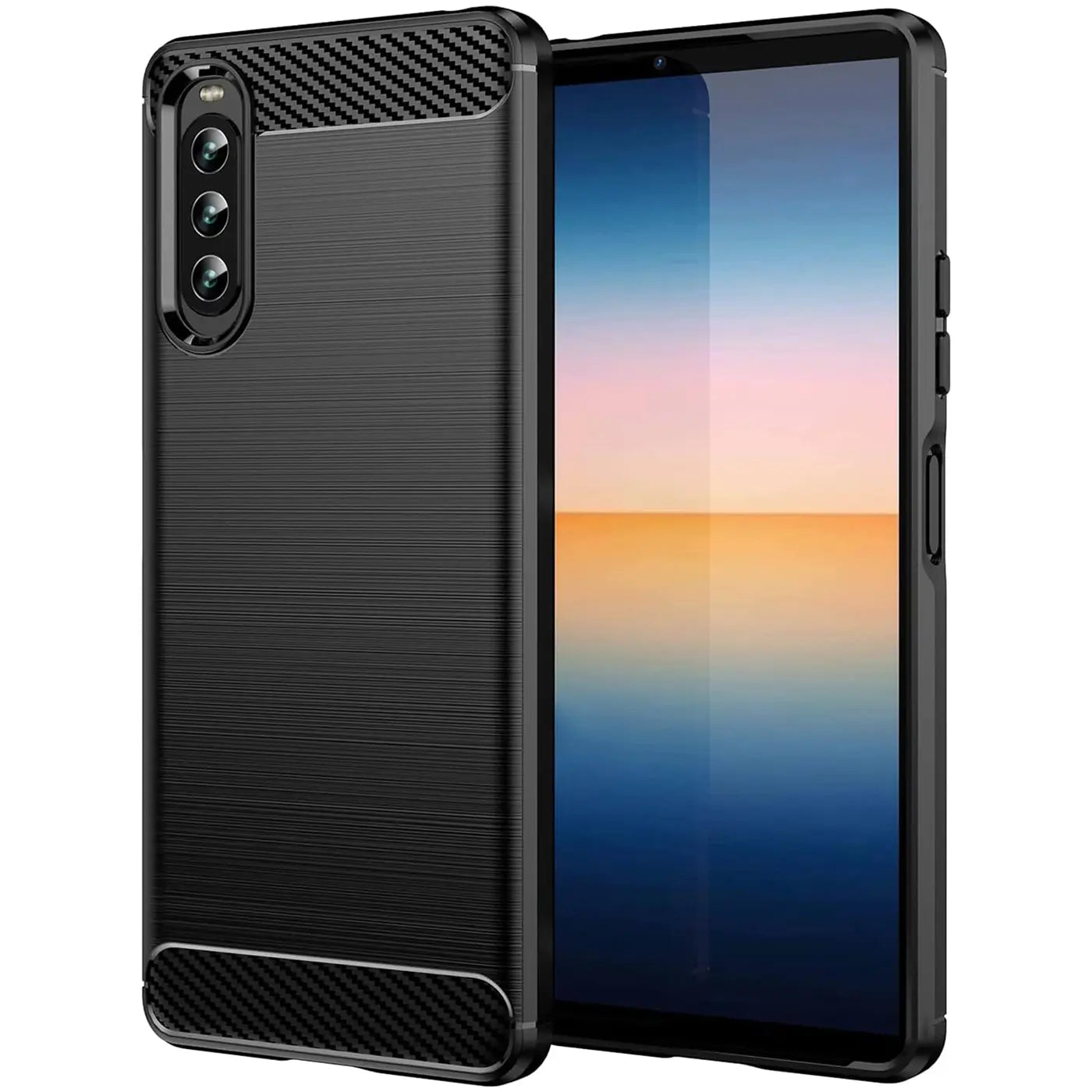 Schwarze Carbon-Hülle mit gebürstetem Finish für Sony Xperia 10 IV, von vorne/leicht schräg.