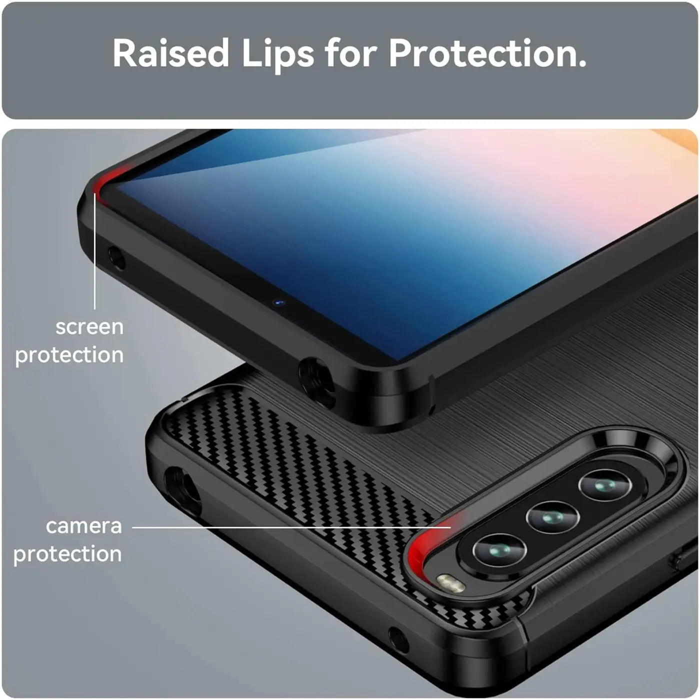 Schwarze Carbon-Hülle mit rotem Akzent für Sony Xperia 10 IV, Nahaufnahme von Kamera und Display.