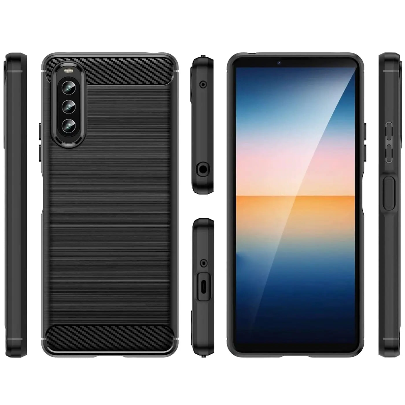 Schwarze Carbon-Hülle, verschiedene Ansichten, Sony Xperia 10 IV.