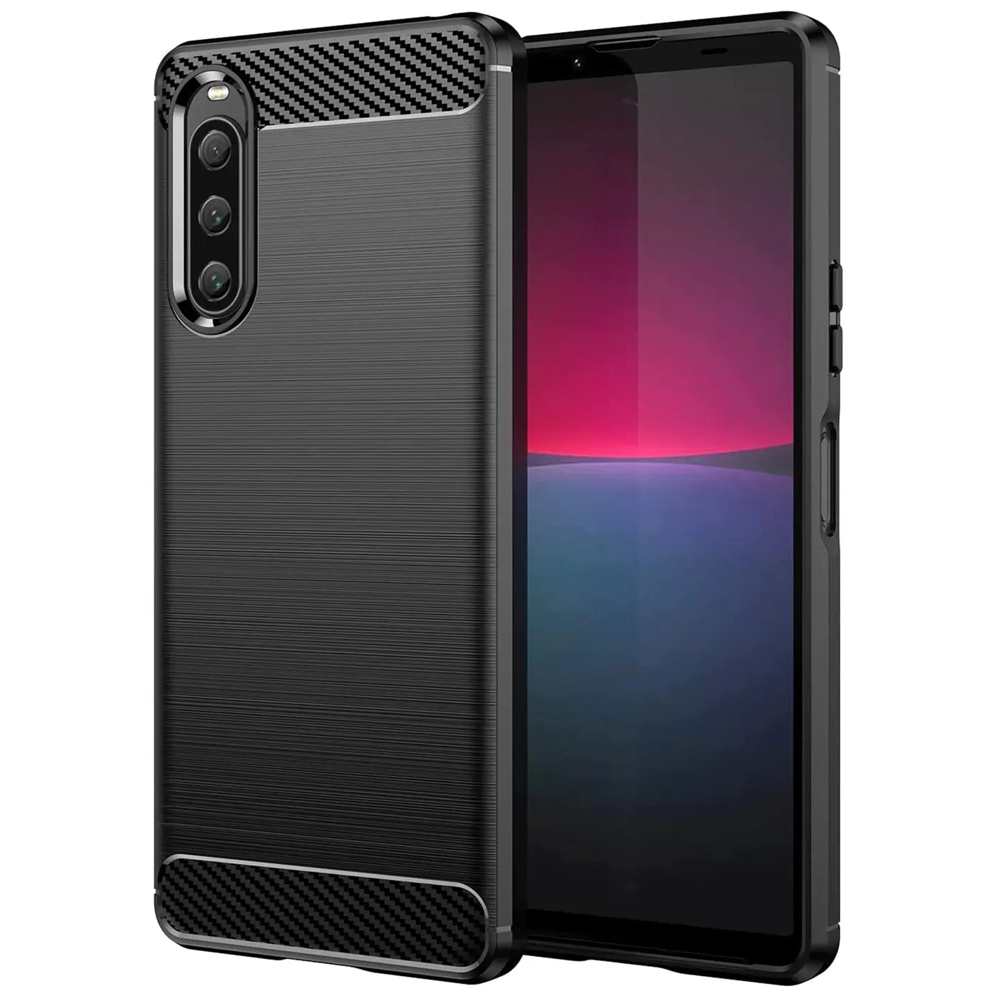Schwarze Carbon-Hülle für Sony Xperia 10 V, von schräg vorne, mit Kamera-Aussparung.