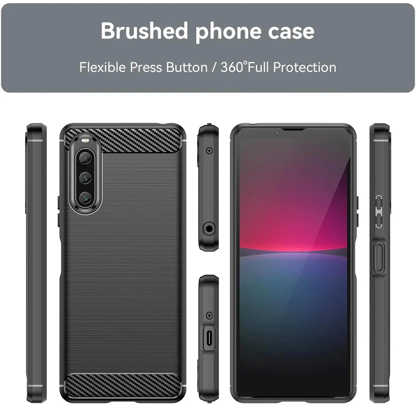Schwarze Carbon-Hülle, verschiedene Ansichten, mit Sony Xperia 10 V.
