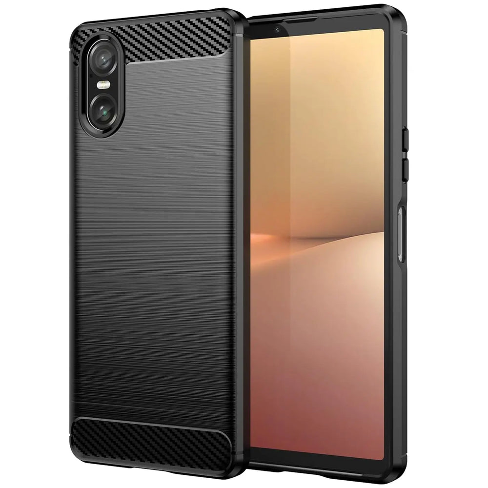 Schwarze Carbon-Hülle mit gebürsteter Textur, seitliche Ansicht, zeigt Sony Xperia 10 VI.
