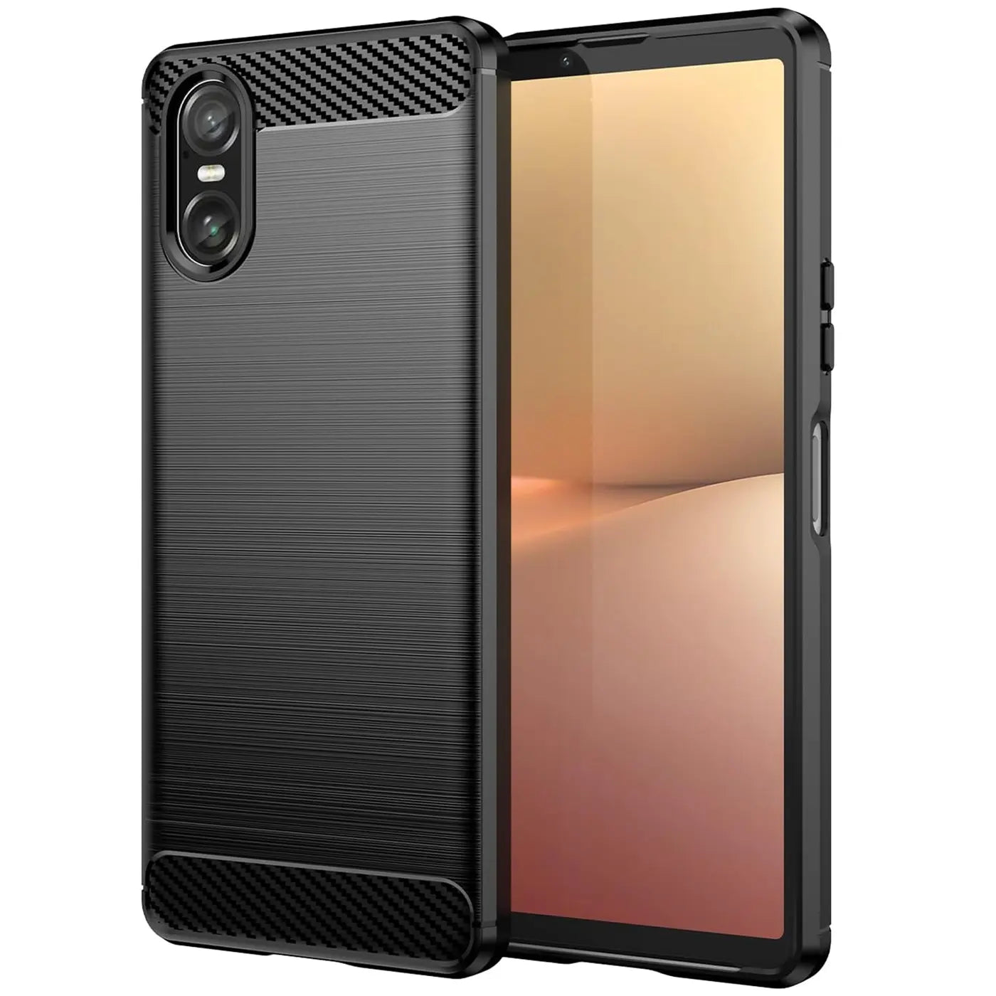 Schwarze Carbon-Hülle mit gebürsteter Textur, seitliche Ansicht, zeigt Sony Xperia 10 VI.