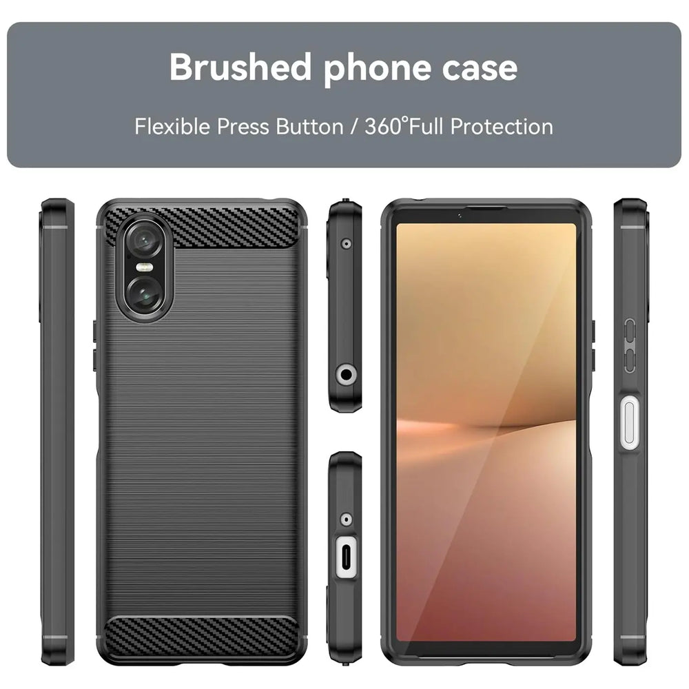 Schwarze Carbon-Hülle, Stoßfest, verschiedene Ansichten, Sony Xperia 10 VI.