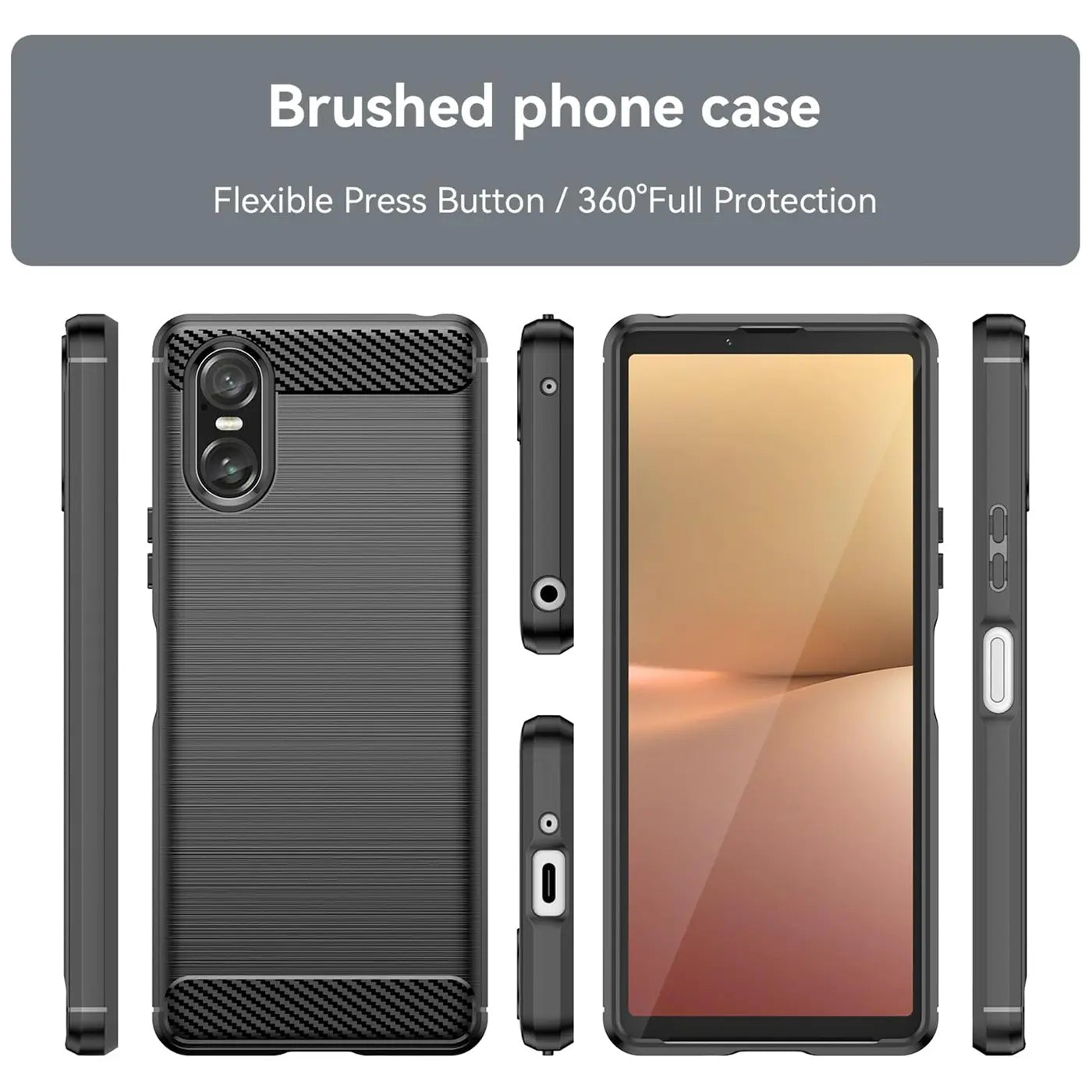 Schwarze Carbon-Hülle, Stoßfest, verschiedene Ansichten, Sony Xperia 10 VI.