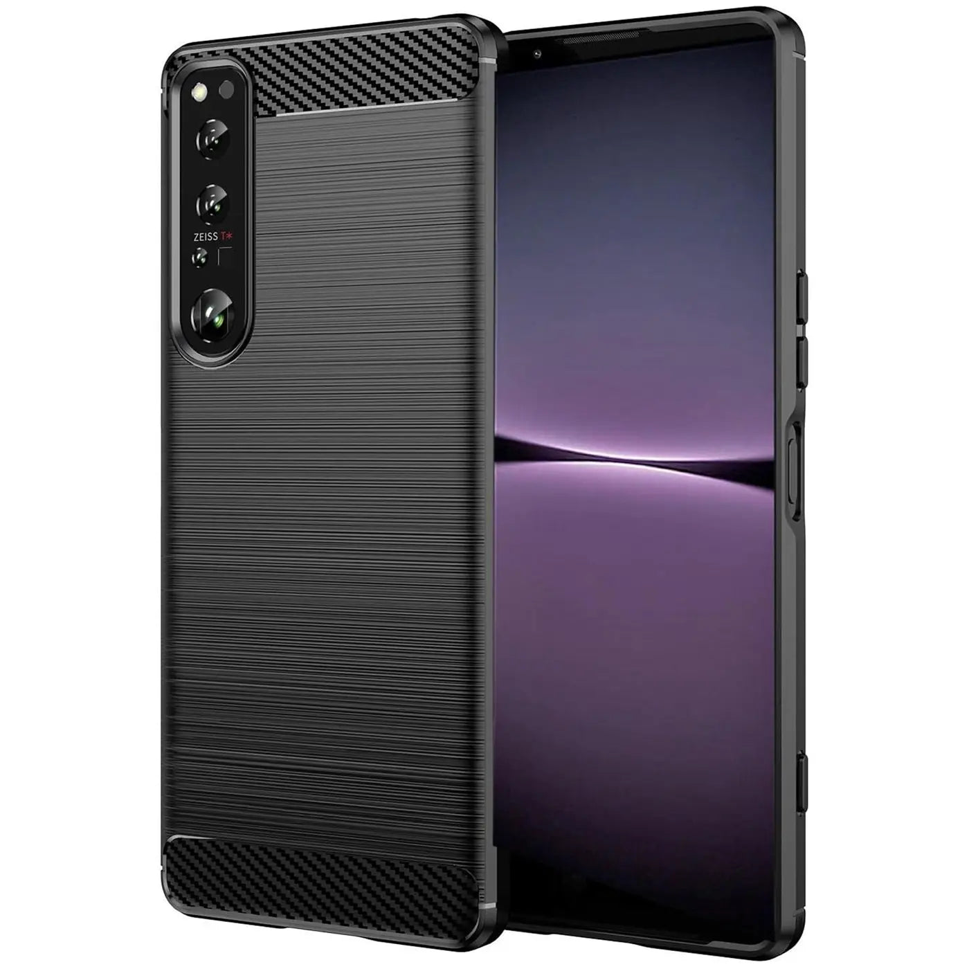 Schwarze Carbon-Hülle mit gebürsteter Textur für Sony Xperia 1 IV, von vorne links gesehen.