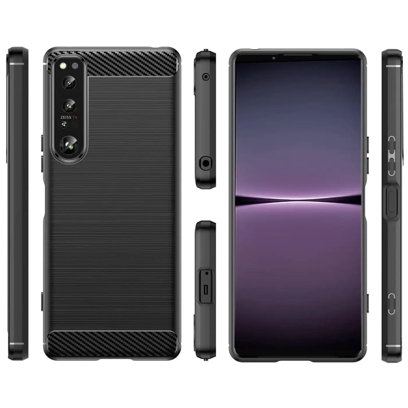 Schwarze Carbon-Hülle für Sony Xperia 1 IV, Stoßfest, verschiedene Ansichten