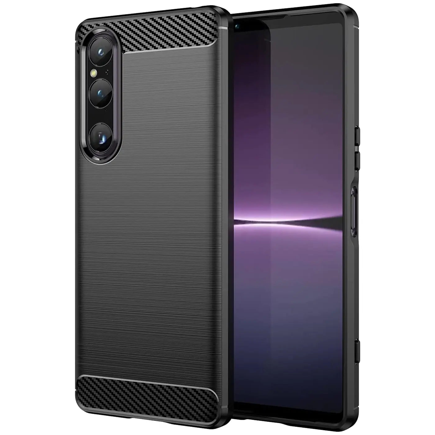 Schwarze Carbon-Hülle für Sony Xperia 1 V, von vorne links, stoßfest.