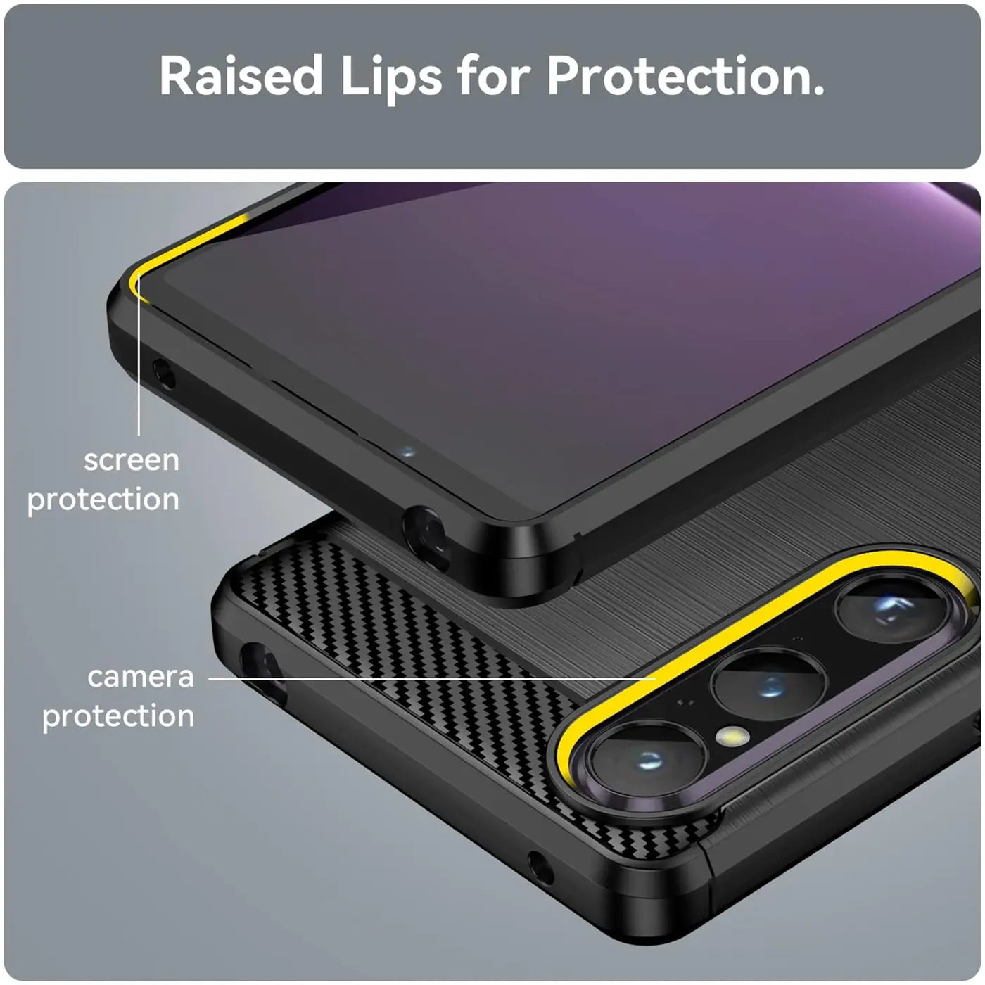 Schwarze Carbon-Hülle mit gelben Akzenten, Nahaufnahme, Sony Xperia 1 V mit Schutzlippen.