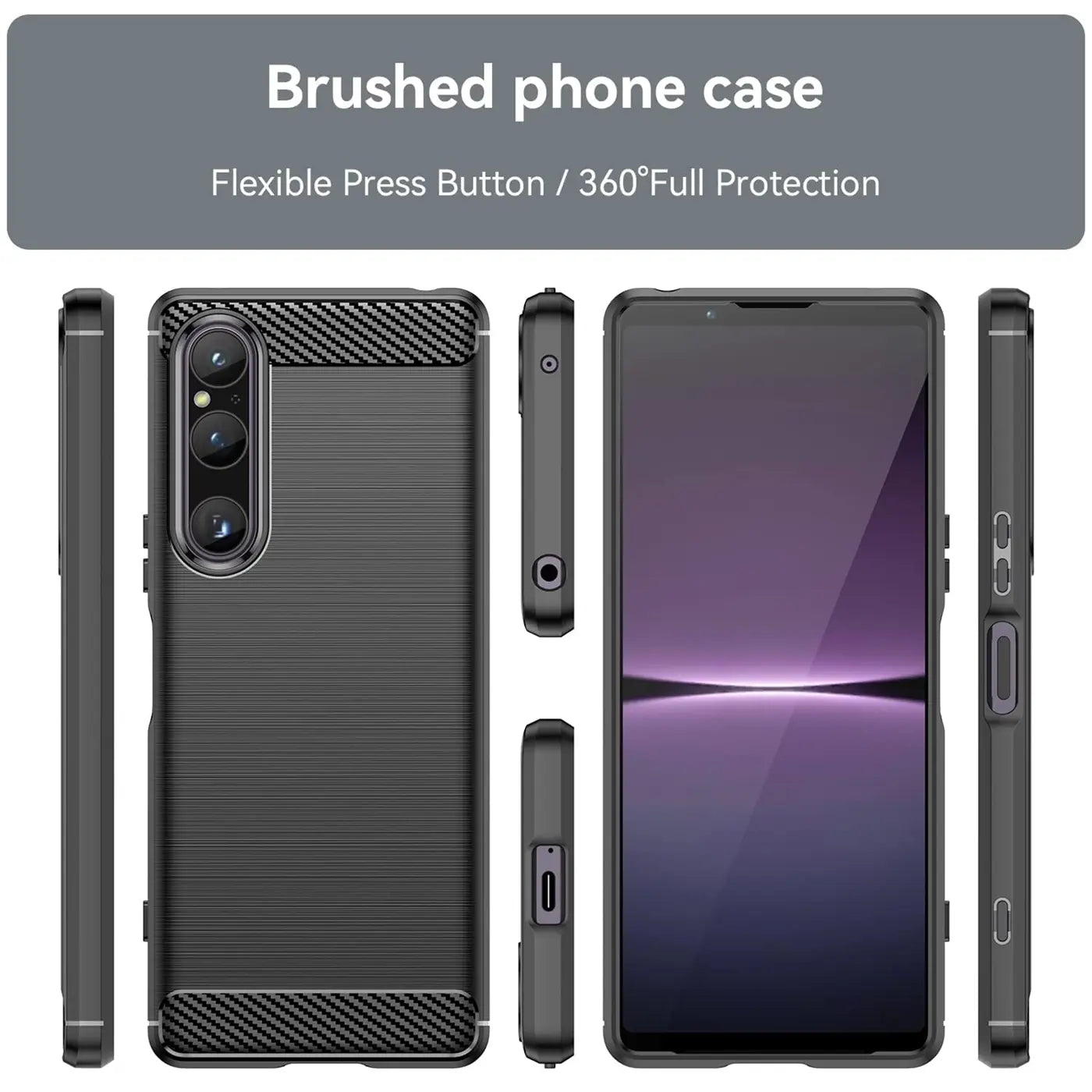 Schwarze Carbon-Hülle, verschiedene Ansichten, mit Sony Xperia 1 V.