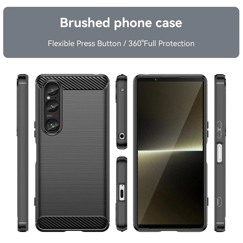 Graue Carbon-Hülle mit gebürsteter Textur für Sony Xperia 1 VI, verschiedene Ansichten.