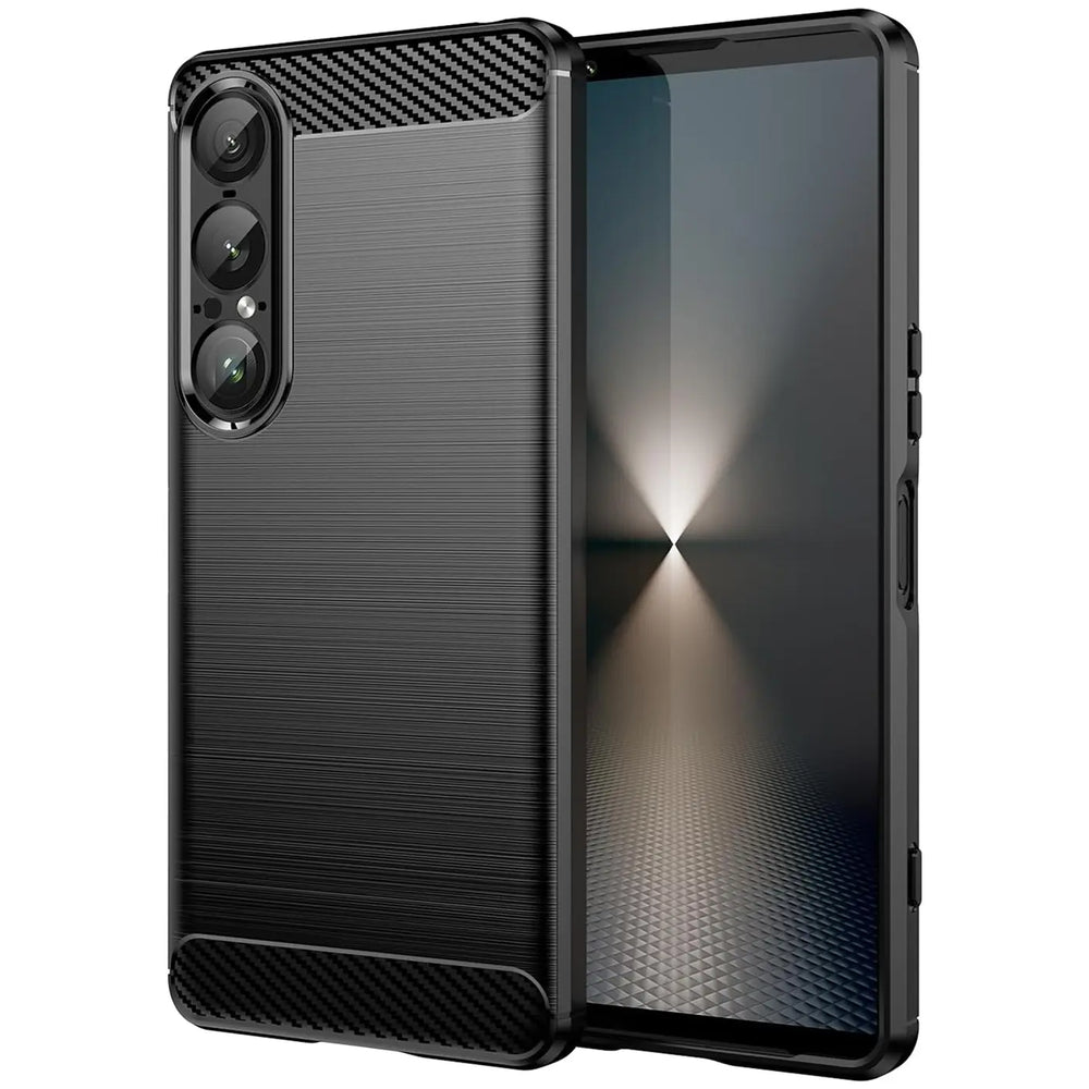 Schwarze Carbon-Hülle mit gebürstetem Finish, seitliche Ansicht, Sony Xperia 1 VII.