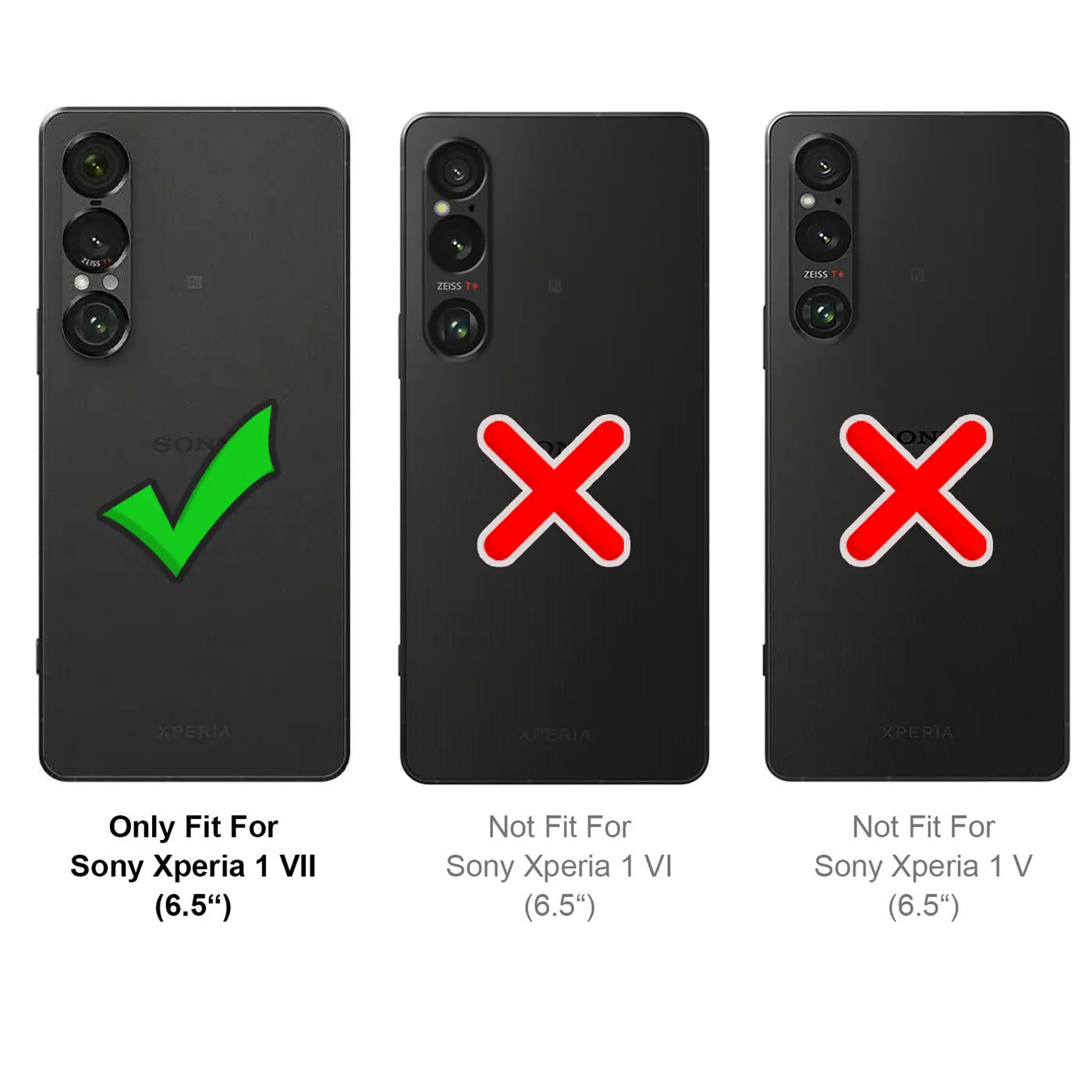 Drei schwarze Sony Xperia Smartphones, Rückansicht. Links mit grünem Haken, Mitte/rechts mit rotem Kreuz.