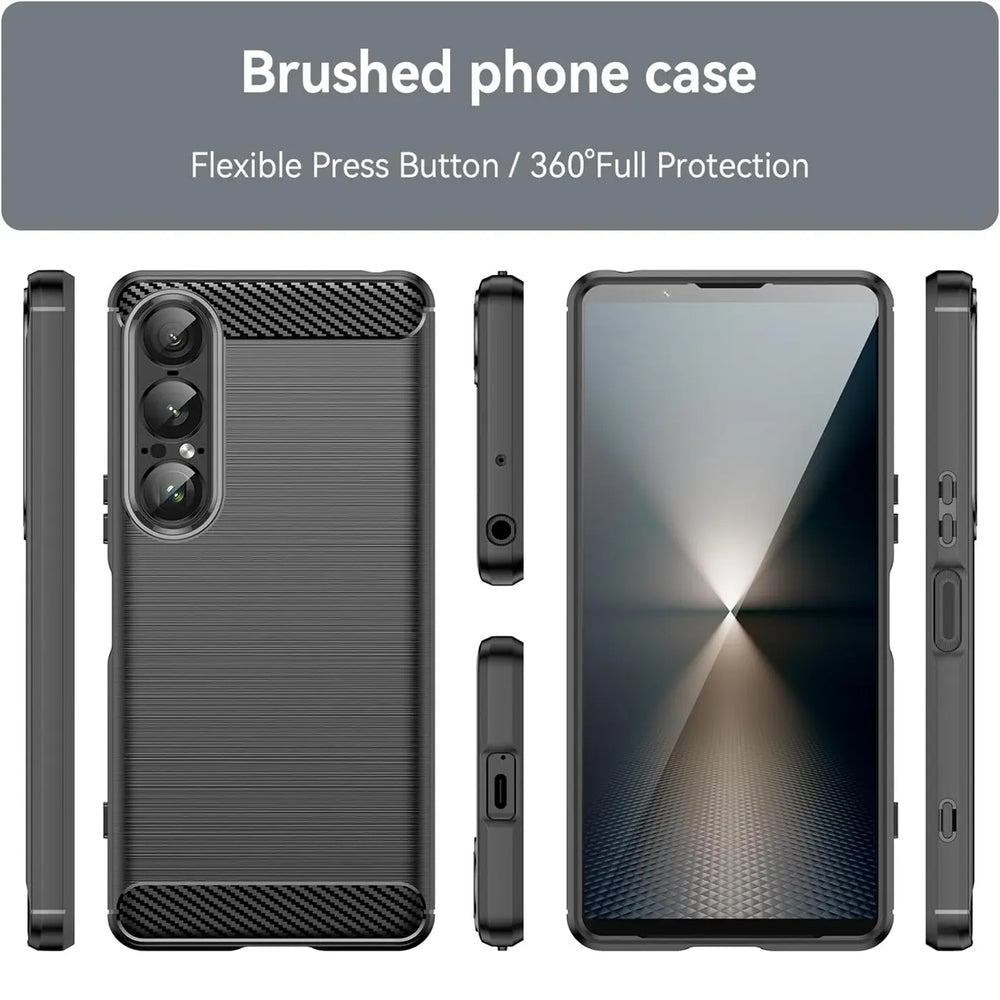Graue Carbon-Hülle mit gebürsteter Textur, zeigt Sony Xperia 1 VII von vorne und Seiten.