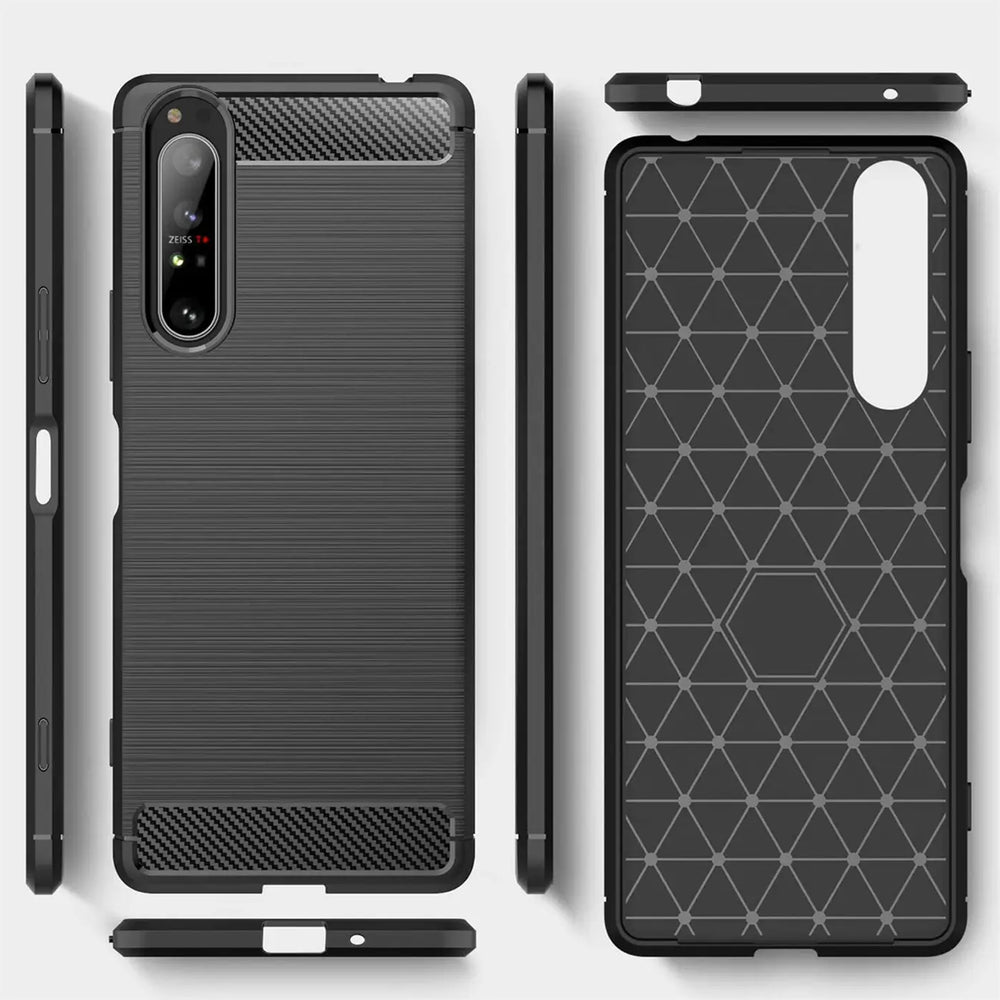 Schwarze Carbon-Hülle für Sony Xperia 5 III, von vorne, Seite, Rückseite und unten gezeigt.