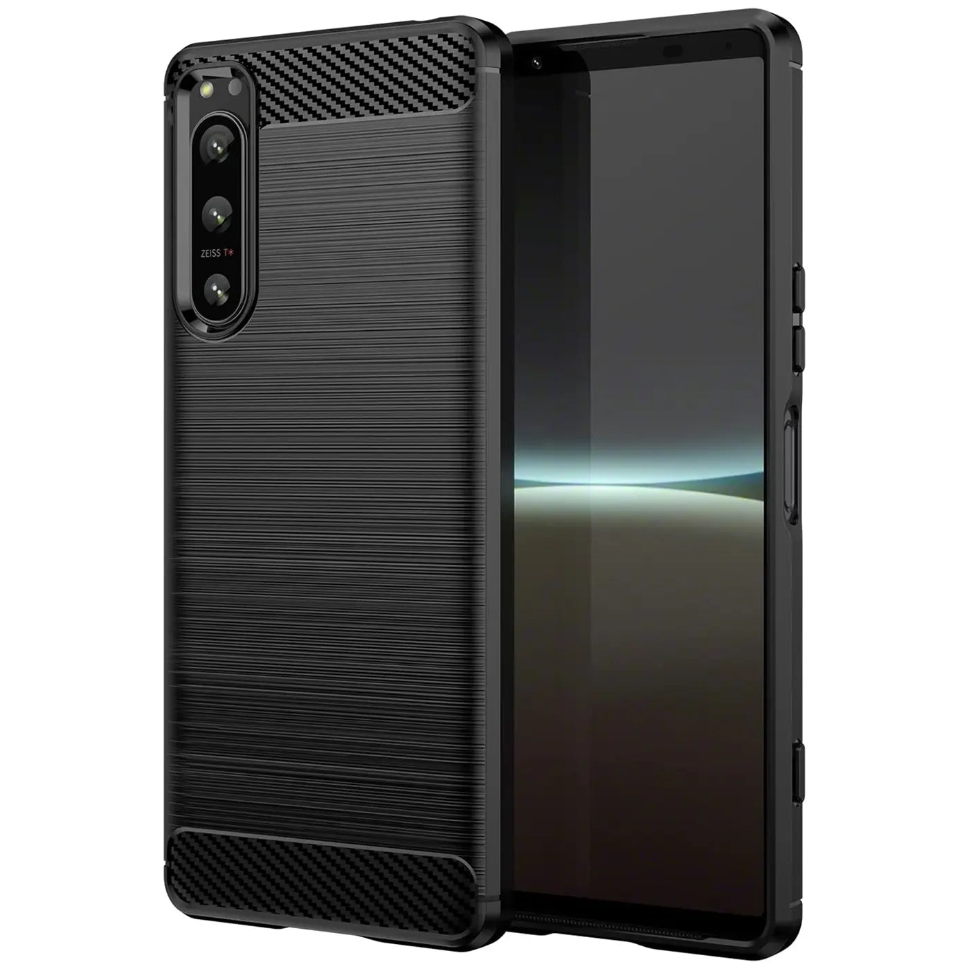Schwarze Carbon-Hülle für Sony Xperia 5 IV, von vorne links, mit sichtbarem Gerät.