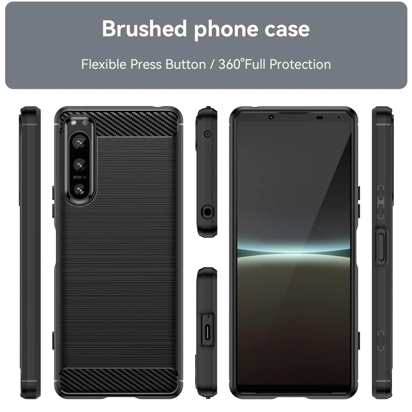 Schwarze Carbon-Hülle für Sony Xperia 5 IV, von vorne, hinten, Seiten und Vorderansicht.