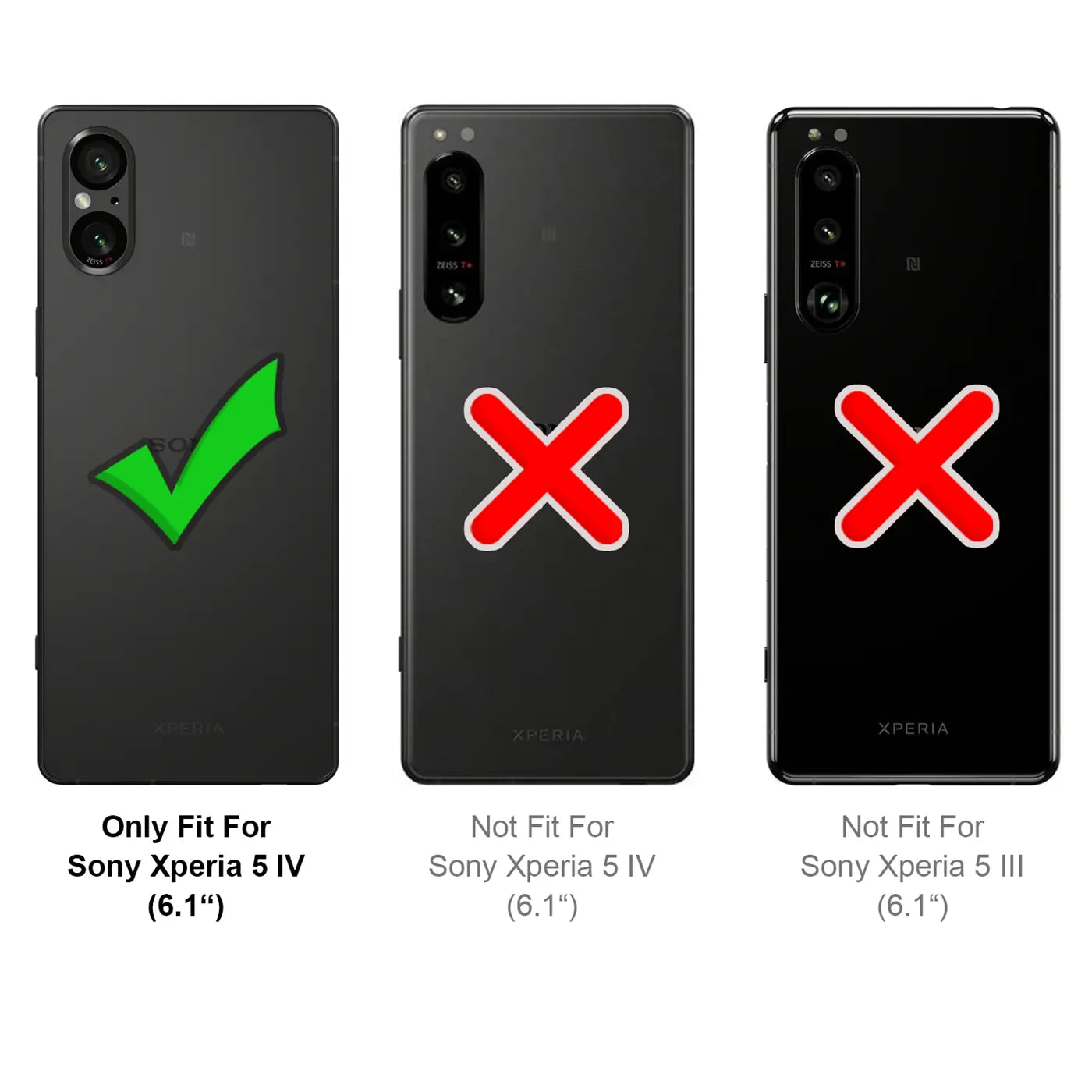 Drei Sony Xperia Smartphones, Rückansicht. Links mit grünem Haken, Mitte/rechts mit rotem Kreuz.