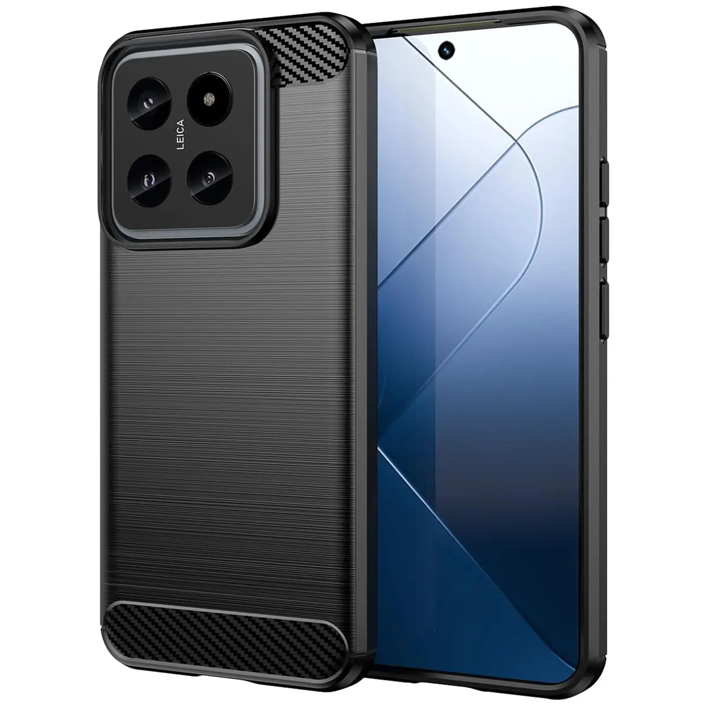 Schwarze Carbon-Hülle mit gebürsteter Oberfläche, seitliche Ansicht, zeigt Xiaomi 14 Pro.