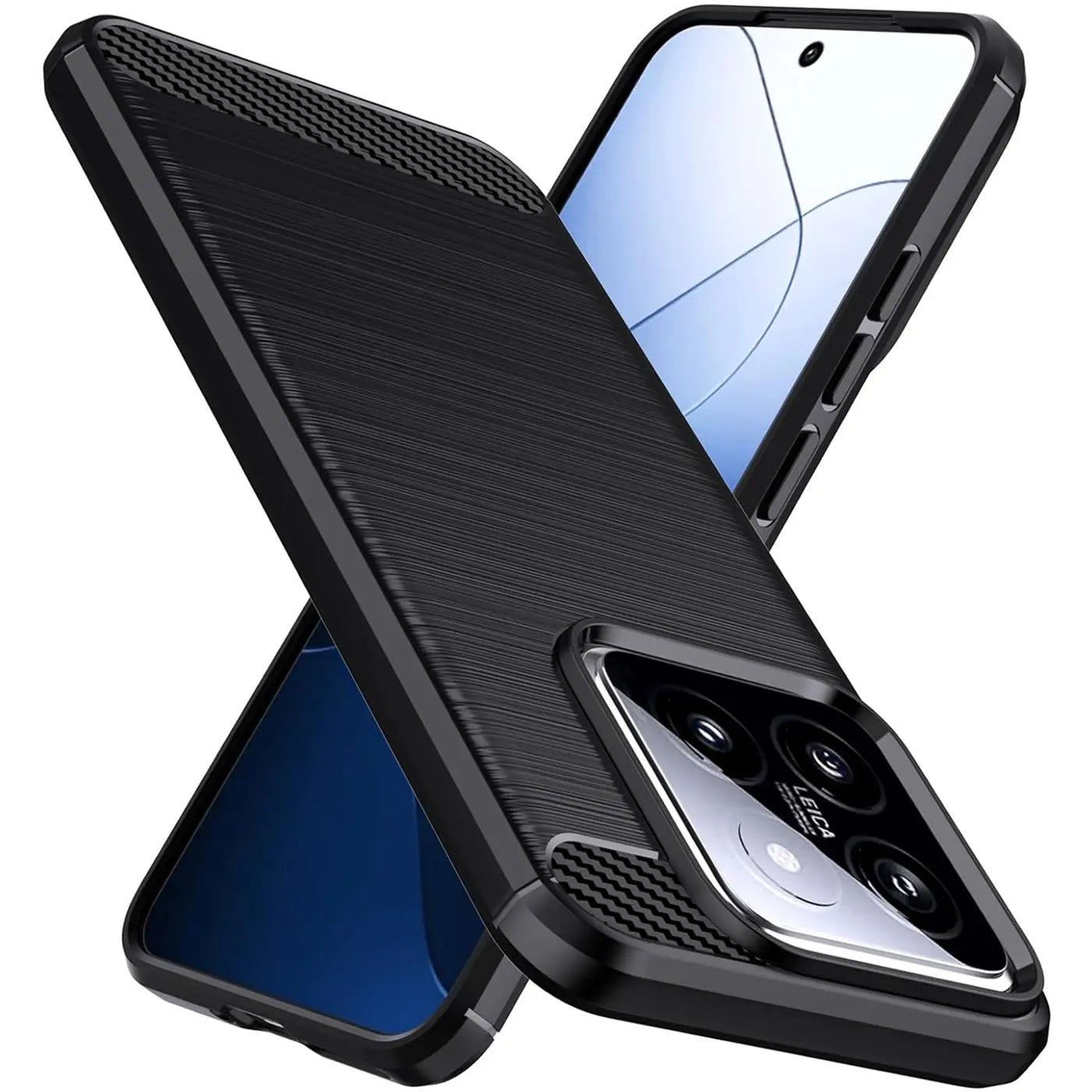 Schwarze Carbon-Hülle mit gebürsteter Textur, schützt Xiaomi 14 Pro, Seitenansicht.