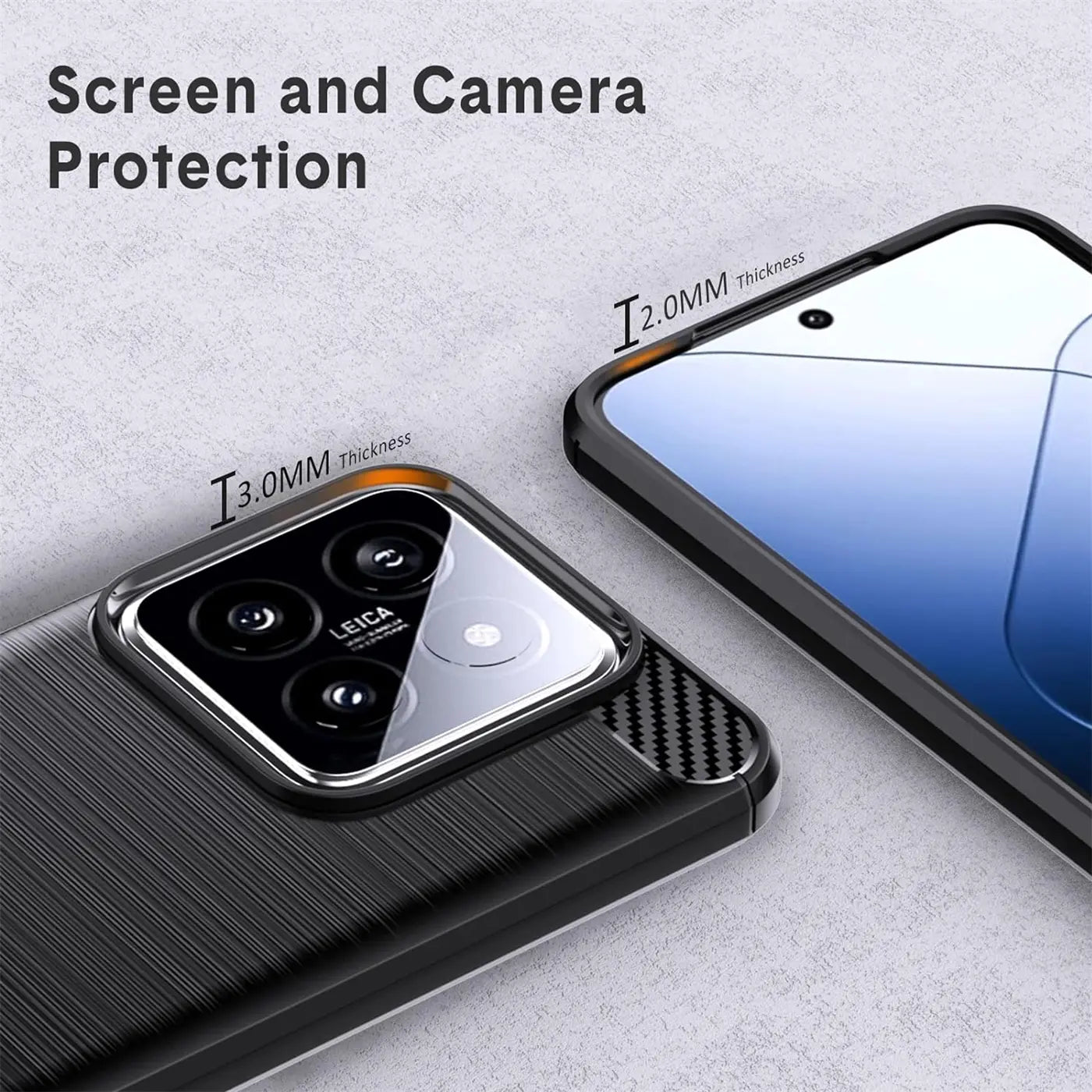 Schwarze Carbon-Hülle mit Kamera- und Bildschirmschutz für Xiaomi 14 Pro, Nahaufnahme