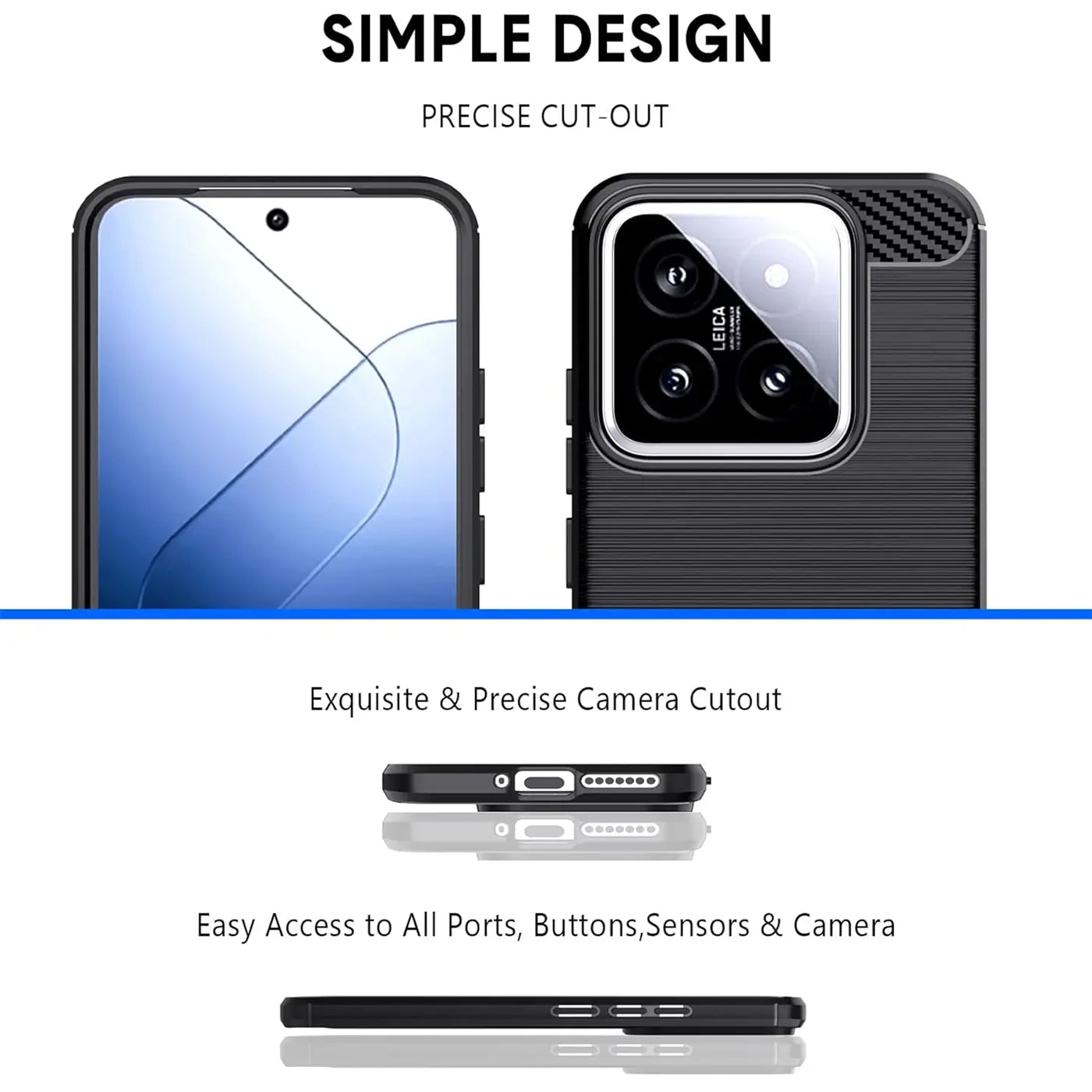 Schwarze Carbon-Hülle, Rückseite Xiaomi 14 mit Leica-Kamera, Seitenansicht.