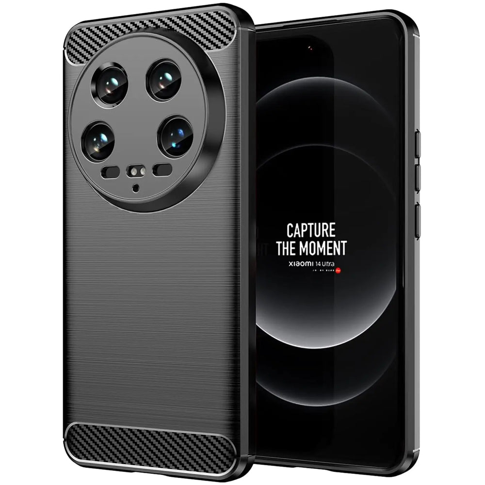 Dunkelgraue Carbon-Hülle für Xiaomi 14 Ultra, von vorne schräg gezeigt.