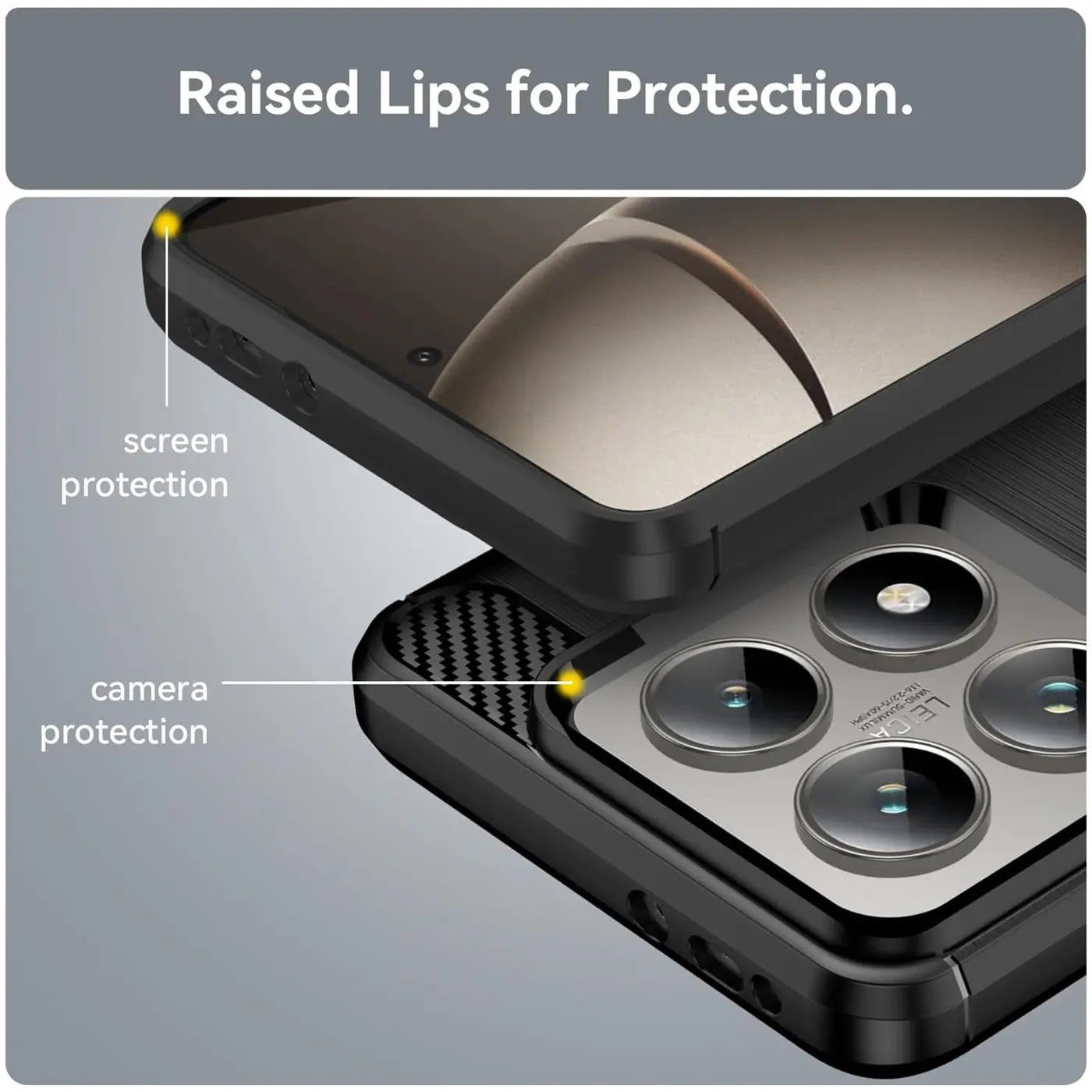 Schwarze Carbon-Hülle, Nahaufnahme, zeigt Schutz für Xiaomi 14T Pro Kamera & Display
