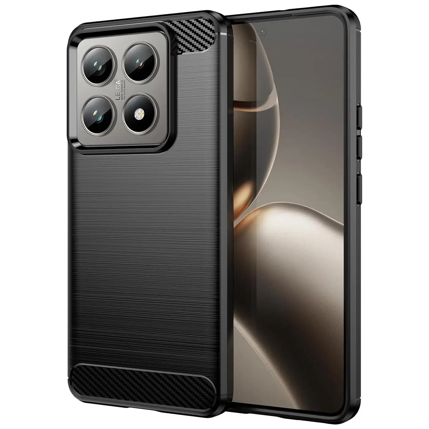 Schwarze Carbon-Hülle mit gebürsteter Oberfläche, von schräg vorne, zeigt Xiaomi 14T.