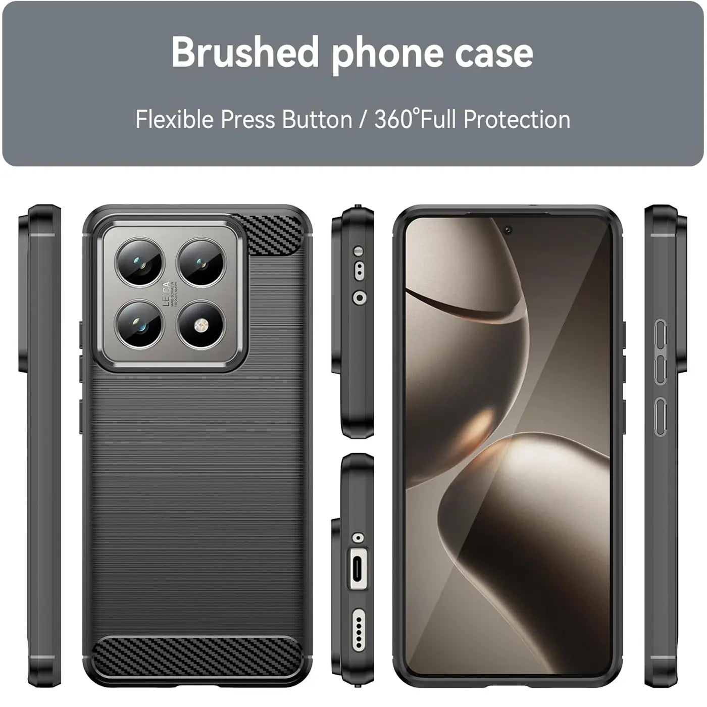 Schwarze Carbon-Hülle, gebürstete Textur, verschiedene Ansichten, mit Xiaomi 14T.
