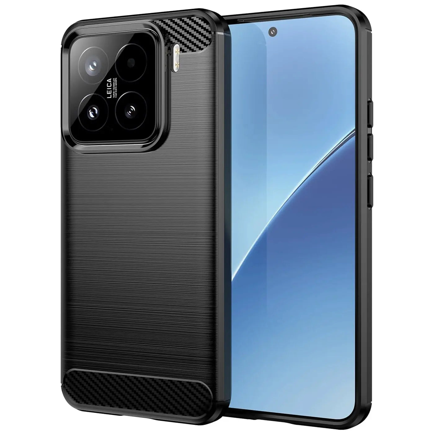 Schwarze Carbon-Hülle mit gebürsteter Textur, seitliche Ansicht, zeigt Xiaomi 15 mit Kamera.